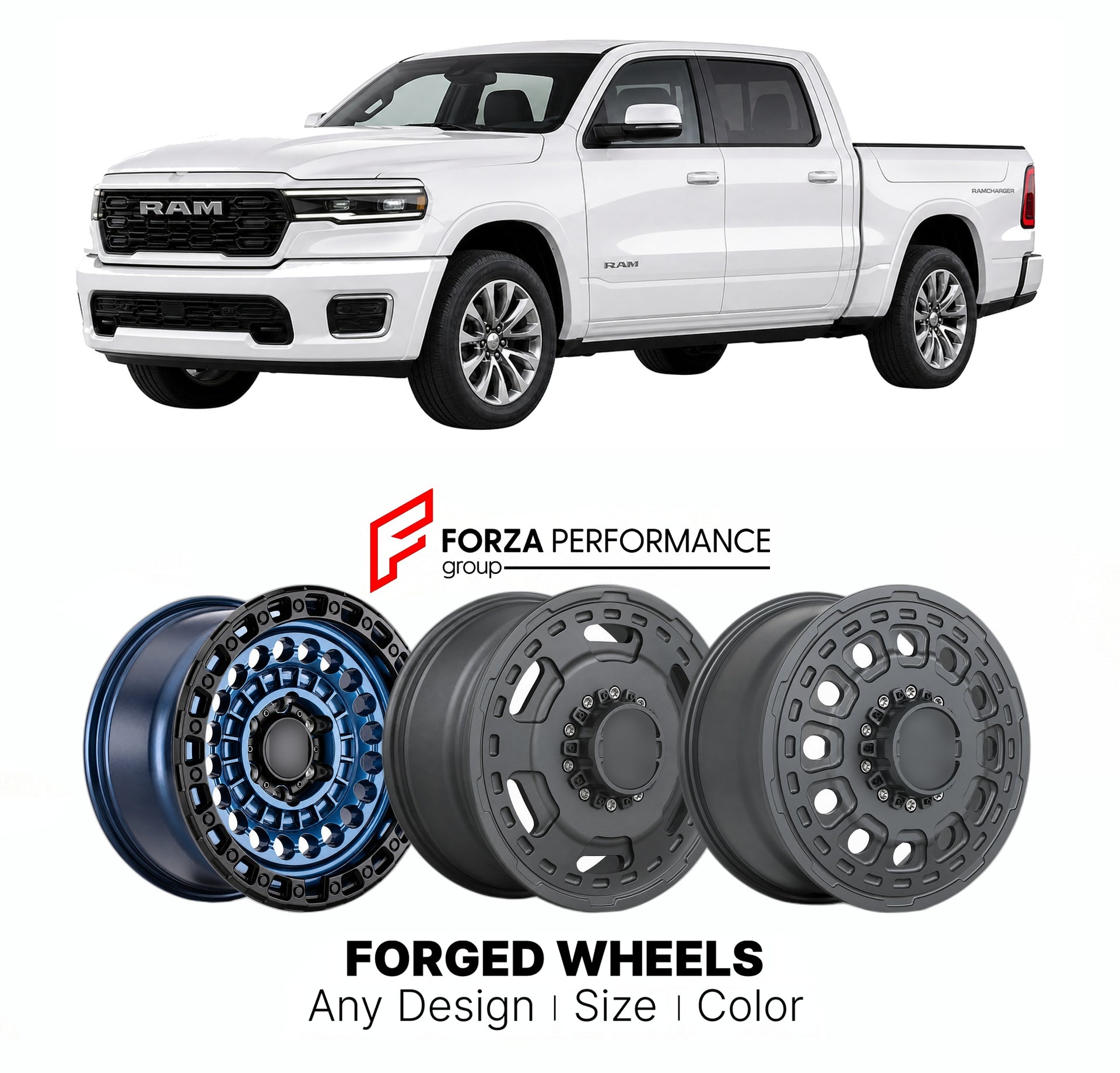 FORGED WHEELS RIMS for RAM 1500 RAMCHARGER BIG HORN RANGE-EXTENDED PICKUP 2026+

Custom forged wheels for Ram 1500 Ramcharger Big Horn Range-Extended Pickup 2026+. Made-to-order monoblock, 2-piece and 3-piece rims in custom sizes, offsets, colors and finishes with guaranteed fitment.

We manufacture premium quality forged wheels rims for Ram 1500 Ramcharger Big Horn Range-Extended Pickup 2026+ in any design, size, color.

THIS WHEEL DESIGN CAN BE CUSTOM-MADE FOR YOUR CAR IN ANY SIZE AND COLOR OPTIONS
Availa