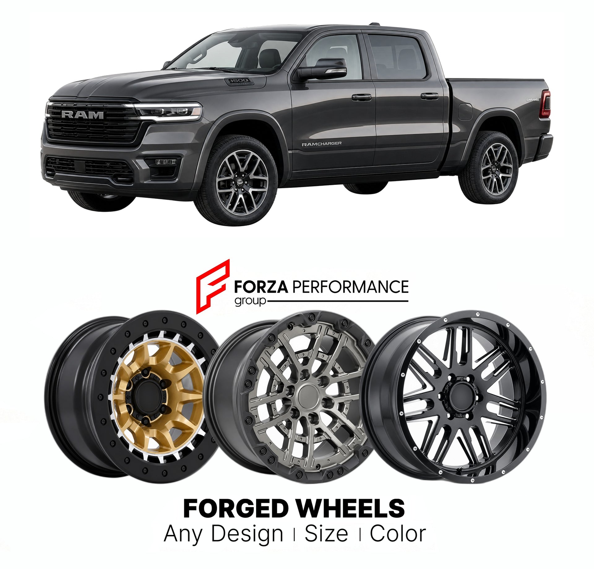 FORGED WHEELS RIMS for RAM 1500 RAMCHARGER LARAMIE RANGE-EXTENDED PICKUP 2026+

Custom forged wheels for Ram 1500 Ramcharger Laramie Range-Extended Pickup 2026+. Made-to-order monoblock, 2-piece and 3-piece rims in custom sizes, offsets, colors and finishes with guaranteed fitment.

We manufacture premium quality forged wheels rims for Ram 1500 Ramcharger Laramie Range-Extended Pickup 2026+ in any design, size, color.

THIS WHEEL DESIGN CAN BE CUSTOM-MADE FOR YOUR CAR IN ANY SIZE AND COLOR OPTIONS
Available