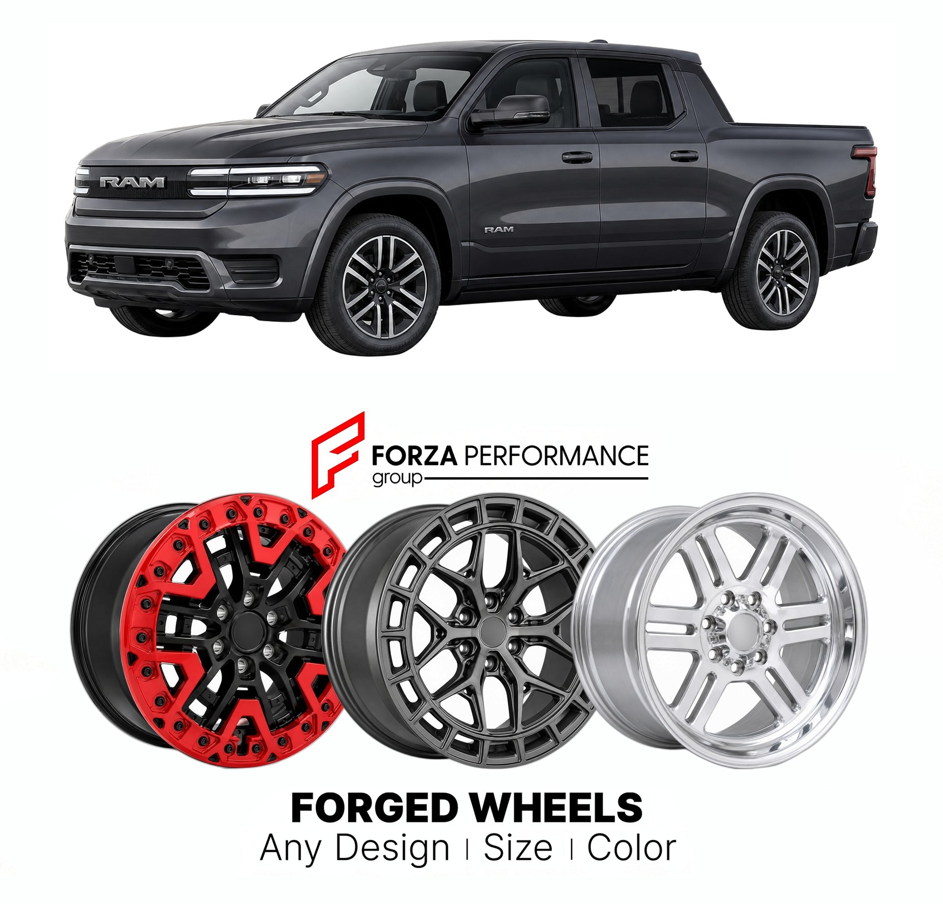 FORGED WHEELS RIMS for RAM 1500 RAMCHARGER LIMITED RANGE-EXTENDED PICKUP 2026+

Custom forged wheels for Ram 1500 Ramcharger Limited Range-Extended Pickup 2026+. Made-to-order monoblock, 2-piece and 3-piece rims in custom sizes, offsets, colors and finishes with guaranteed fitment.

We manufacture premium quality forged wheels rims for Ram 1500 Ramcharger Limited Range-Extended Pickup 2026+ in any design, size, color.

THIS WHEEL DESIGN CAN BE CUSTOM-MADE FOR YOUR CAR IN ANY SIZE AND COLOR OPTIONS
Available