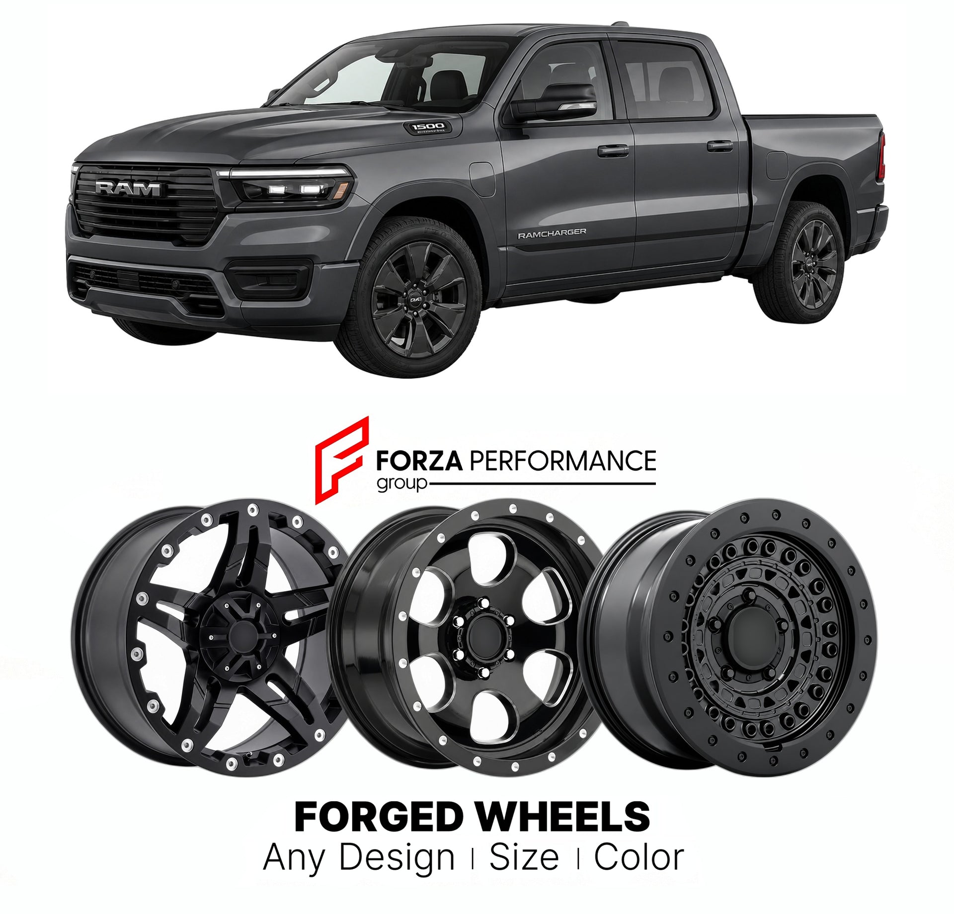 FORGED WHEELS RIMS for RAM 1500 RAMCHARGER RANGE-EXTENDED PICKUP 2026+

Custom forged wheels for Ram 1500 Ramcharger Range-Extended Pickup 2026+. Made-to-order monoblock, 2-piece and 3-piece rims in custom sizes, offsets, colors and finishes with guaranteed fitment.

We manufacture premium quality forged wheels rims for Ram 1500 Ramcharger Range-Extended Pickup 2026+ in any design, size, color.

THIS WHEEL DESIGN CAN BE CUSTOM-MADE FOR YOUR CAR IN ANY SIZE AND COLOR OPTIONS
Available in monoblock, 2-piece, 