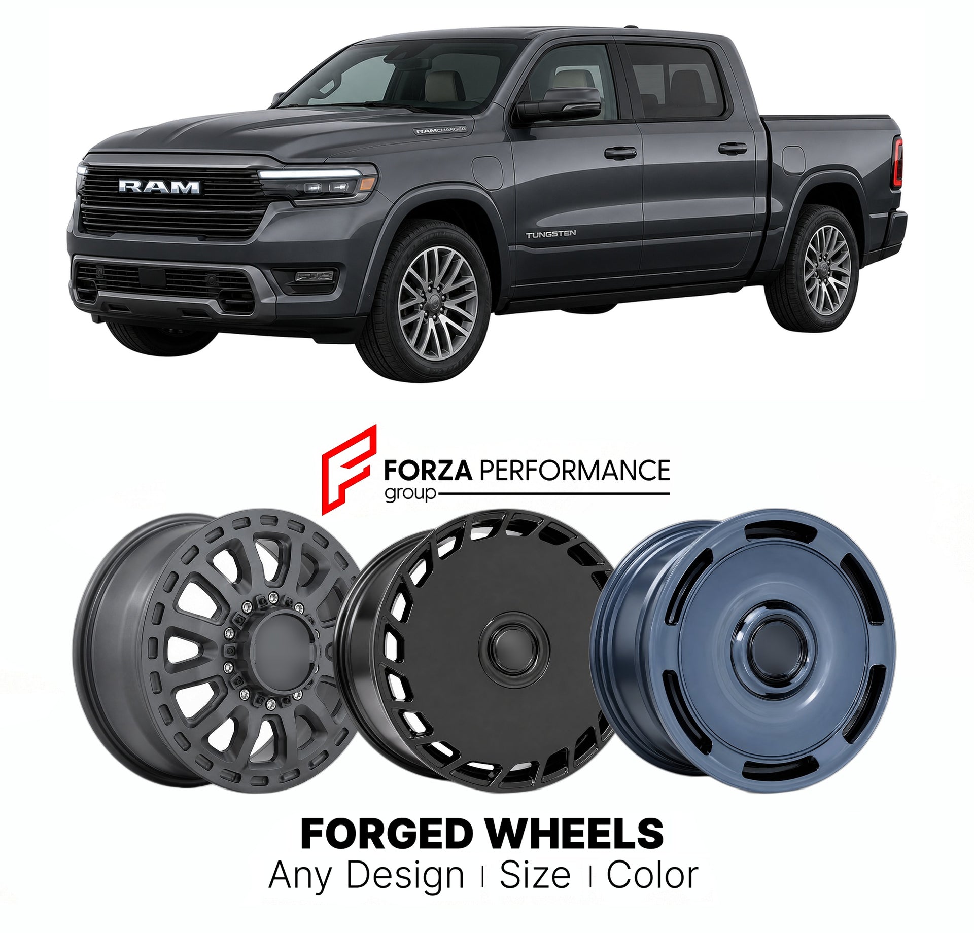 FORGED WHEELS RIMS for RAM 1500 RAMCHARGER TUNGSTEN RANGE-EXTENDED PICKUP 2026+

Custom forged wheels for Ram 1500 Ramcharger Tungsten Range-Extended Pickup 2026+. Made-to-order monoblock, 2-piece and 3-piece rims in custom sizes, offsets, colors and finishes with guaranteed fitment.

We manufacture premium quality forged wheels rims for Ram 1500 Ramcharger Tungsten Range-Extended Pickup 2026+ in any design, size, color.

THIS WHEEL DESIGN CAN BE CUSTOM-MADE FOR YOUR CAR IN ANY SIZE AND COLOR OPTIONS
Availa