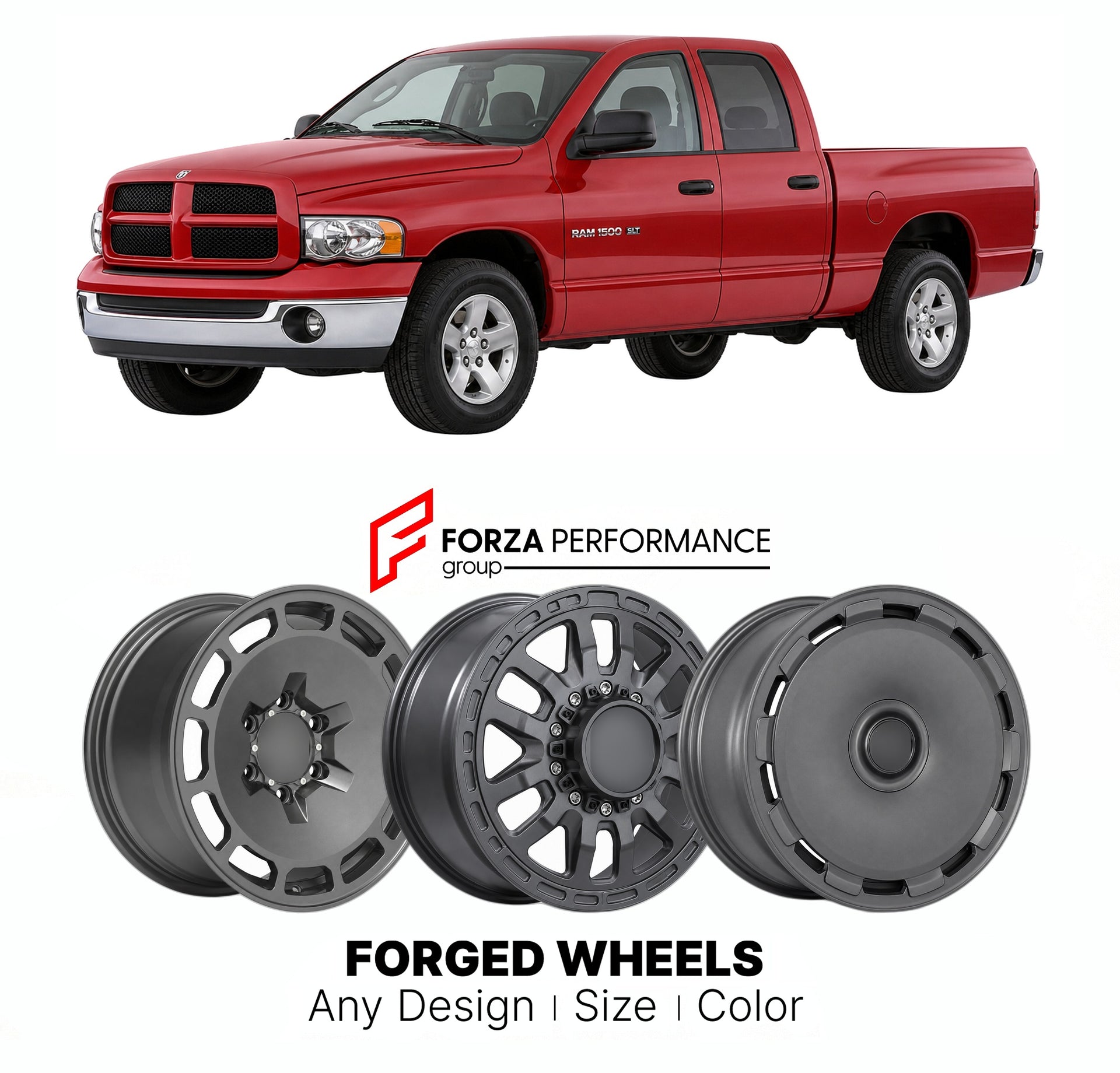 FORGED WHEELS RIMS for RAM 1500 SLT DODGE 2002 - 2008

Custom forged wheels for Ram 1500 SLT Dodge 2002 - 2008. Made-to-order monoblock, 2-piece and 3-piece rims in custom sizes, offsets, colors and finishes with guaranteed fitment.

We manufacture premium quality forged wheels rims for Ram 1500 SLT Dodge 2002 - 2008 in any design, size, color.

THIS WHEEL DESIGN CAN BE CUSTOM-MADE FOR YOUR CAR IN ANY SIZE AND COLOR OPTIONS
Available in monoblock, 2-piece, 3-piece, duoblock, beadlock
3D wheel renderings are