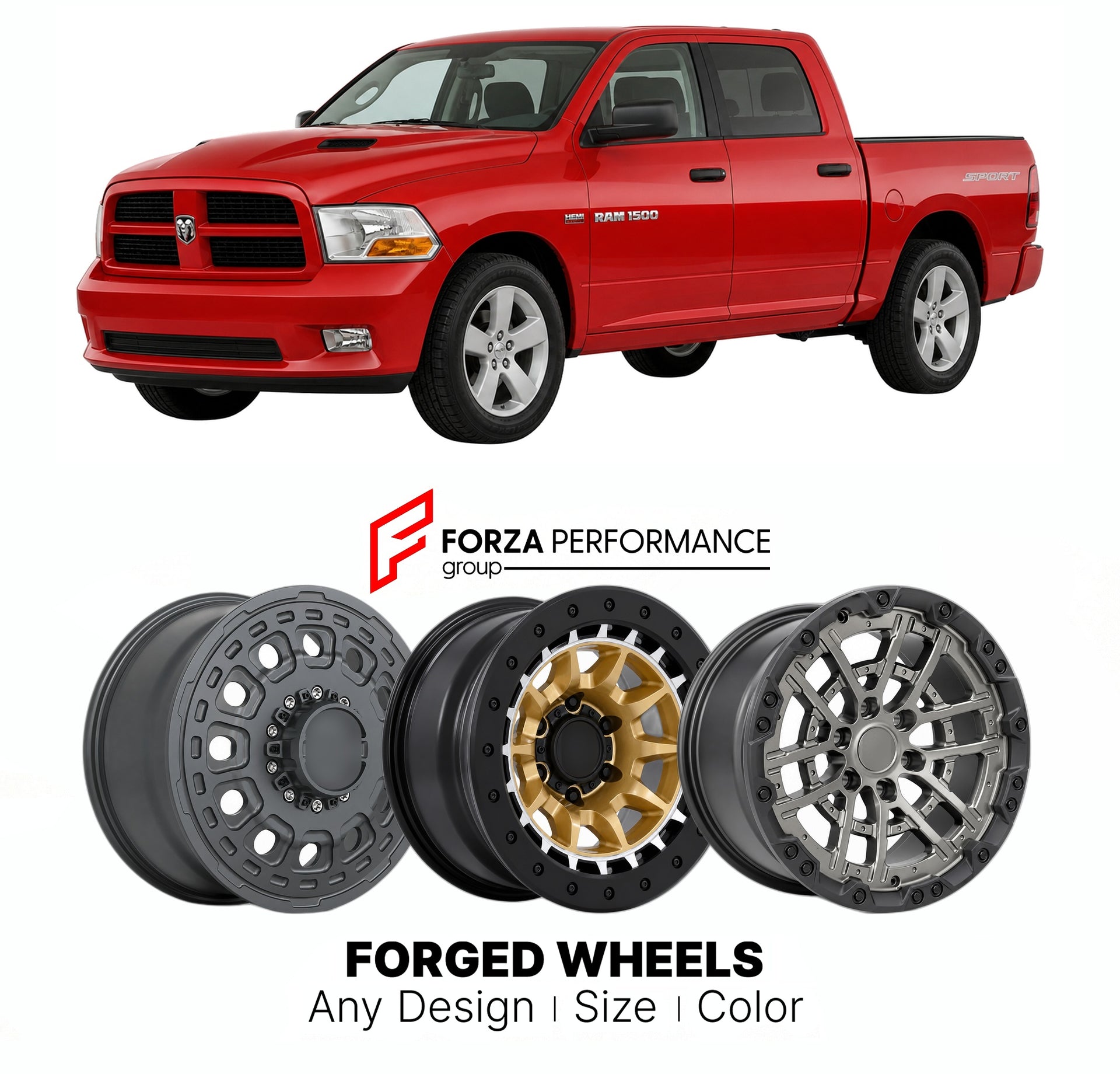 FORGED WHEELS RIMS for RAM 1500 SPORT 2009 - 2018

Custom forged wheels for Ram 1500 Sport 2009 - 2018. Made-to-order monoblock, 2-piece and 3-piece rims in custom sizes, offsets, colors and finishes with guaranteed fitment.

We manufacture premium quality forged wheels rims for Ram 1500 Sport 2009 - 2018 in any design, size, color.

THIS WHEEL DESIGN CAN BE CUSTOM-MADE FOR YOUR CAR IN ANY SIZE AND COLOR OPTIONS
Available in monoblock, 2-piece, 3-piece, duoblock, beadlock
3D wheel renderings are provided ac