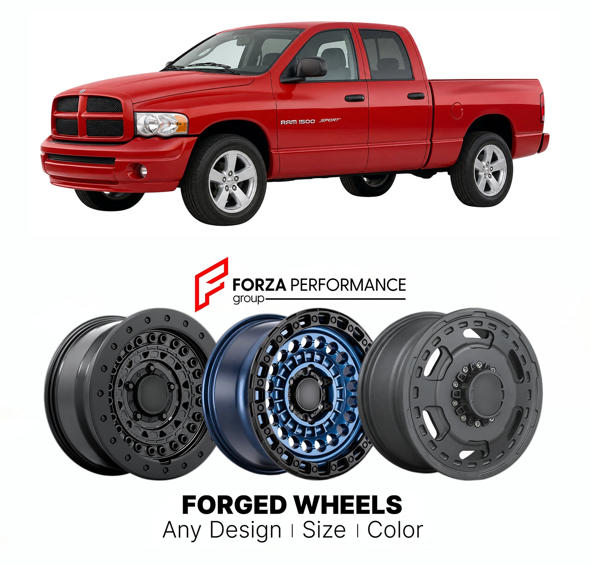FORGED WHEELS RIMS for RAM 1500 SPORT DODGE 2002 - 2008

Custom forged wheels for Ram 1500 Sport Dodge 2002 - 2008. Made-to-order monoblock, 2-piece and 3-piece rims in custom sizes, offsets, colors and finishes with guaranteed fitment.

We manufacture premium quality forged wheels rims for Ram 1500 Sport Dodge 2002 - 2008 in any design, size, color.

THIS WHEEL DESIGN CAN BE CUSTOM-MADE FOR YOUR CAR IN ANY SIZE AND COLOR OPTIONS
Available in monoblock, 2-piece, 3-piece, duoblock, beadlock
3D wheel renderin