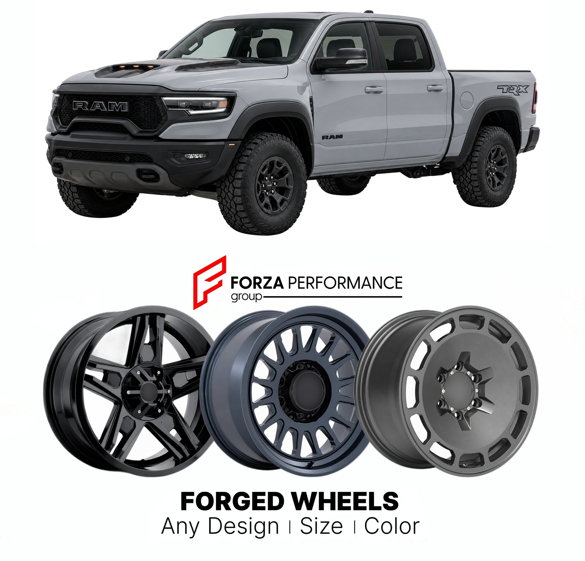 FORGED WHEELS RIMS for RAM 1500 TRX 2019+

Custom forged wheels for Ram 1500 TRX 2019+. Made-to-order monoblock, 2-piece and 3-piece rims in custom sizes, offsets, colors and finishes with guaranteed fitment.

We manufacture premium quality forged wheels rims for Ram 1500 TRX 2019+ in any design, size, color.

THIS WHEEL DESIGN CAN BE CUSTOM-MADE FOR YOUR CAR IN ANY SIZE AND COLOR OPTIONS
Available in monoblock, 2-piece, 3-piece, duoblock, beadlock
3D wheel renderings are provided according to the exact dim