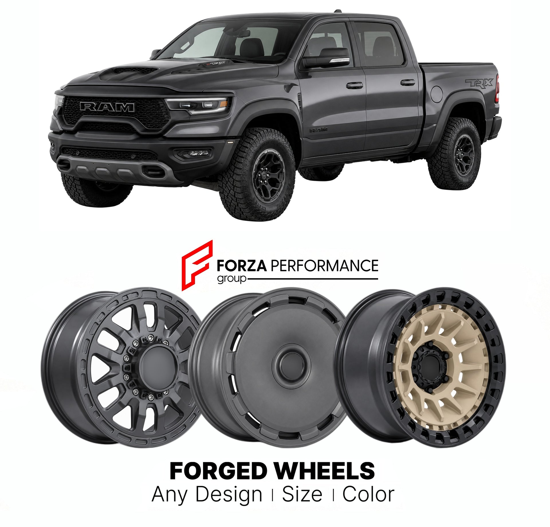 FORGED WHEELS RIMS for RAM 1500 TRX SUPERCHARGED OFF-ROAD PICKUP 2021 - 2024

Custom forged wheels for Ram 1500 TRX Supercharged Off-Road Pickup 2021 - 2024. Made-to-order monoblock, 2-piece and 3-piece rims in custom sizes, offsets, colors and finishes with guaranteed fitment.

We manufacture premium quality forged wheels rims for Ram 1500 TRX Supercharged Off-Road Pickup 2021 - 2024 in any design, size, color.

THIS WHEEL DESIGN CAN BE CUSTOM-MADE FOR YOUR CAR IN ANY SIZE AND COLOR OPTIONS
Available in mo