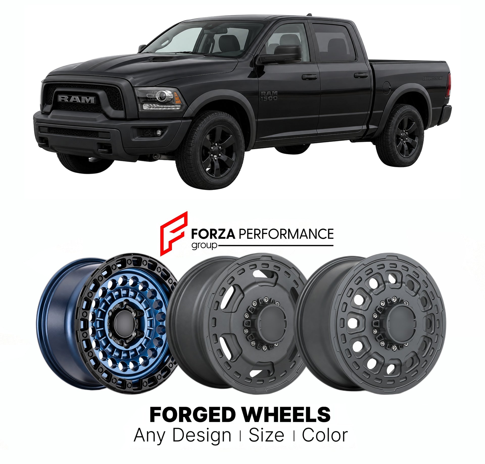 FORGED WHEELS RIMS for RAM 1500 WARLOCK 2019+

Custom forged wheels for Ram 1500 Warlock 2019+. Made-to-order monoblock, 2-piece and 3-piece rims in custom sizes, offsets, colors and finishes with guaranteed fitment.

We manufacture premium quality forged wheels rims for Ram 1500 Warlock 2019+ in any design, size, color.

THIS WHEEL DESIGN CAN BE CUSTOM-MADE FOR YOUR CAR IN ANY SIZE AND COLOR OPTIONS
Available in monoblock, 2-piece, 3-piece, duoblock, beadlock
3D wheel renderings are provided according to t