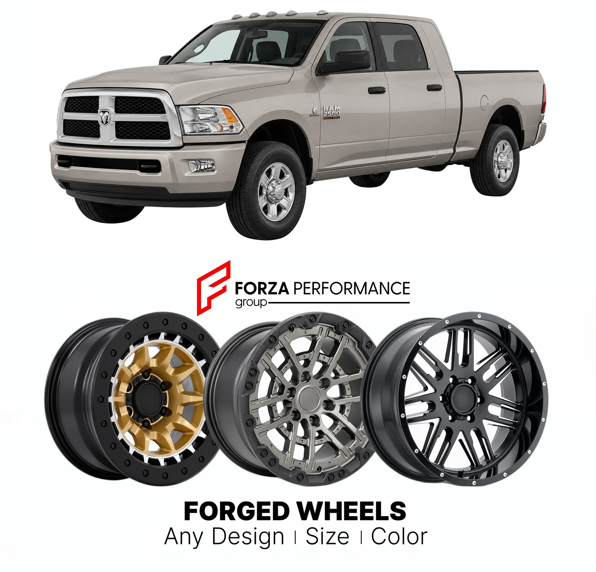 FORGED WHEELS RIMS for RAM 2500 2010 - 2018

Custom forged wheels for Ram 2500 2010 - 2018. Made-to-order monoblock, 2-piece and 3-piece rims in custom sizes, offsets, colors and finishes with guaranteed fitment.

We manufacture premium quality forged wheels rims for Ram 2500 2010 - 2018 in any design, size, color.

THIS WHEEL DESIGN CAN BE CUSTOM-MADE FOR YOUR CAR IN ANY SIZE AND COLOR OPTIONS
Available in monoblock, 2-piece, 3-piece, duoblock, beadlock
3D wheel renderings are provided according to the exa