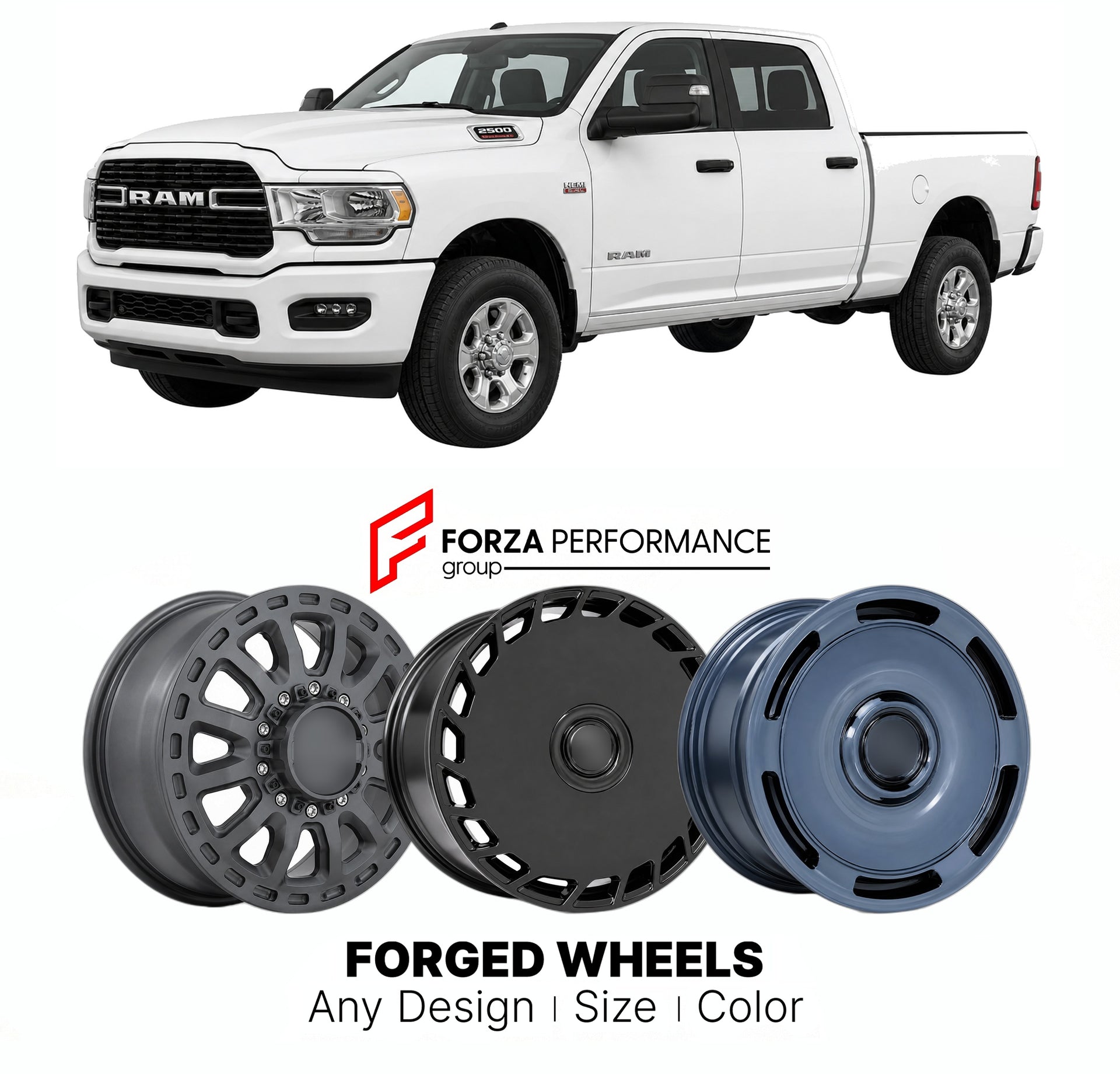 FORGED WHEELS RIMS for RAM 2500 2019+

Custom forged wheels for Ram 2500 2019+. Made-to-order monoblock, 2-piece and 3-piece rims in custom sizes, offsets, colors and finishes with guaranteed fitment.

We manufacture premium quality forged wheels rims for Ram 2500 2019+ in any design, size, color.

THIS WHEEL DESIGN CAN BE CUSTOM-MADE FOR YOUR CAR IN ANY SIZE AND COLOR OPTIONS
Available in monoblock, 2-piece, 3-piece, duoblock, beadlock
3D wheel renderings are provided according to the exact dimensions and 