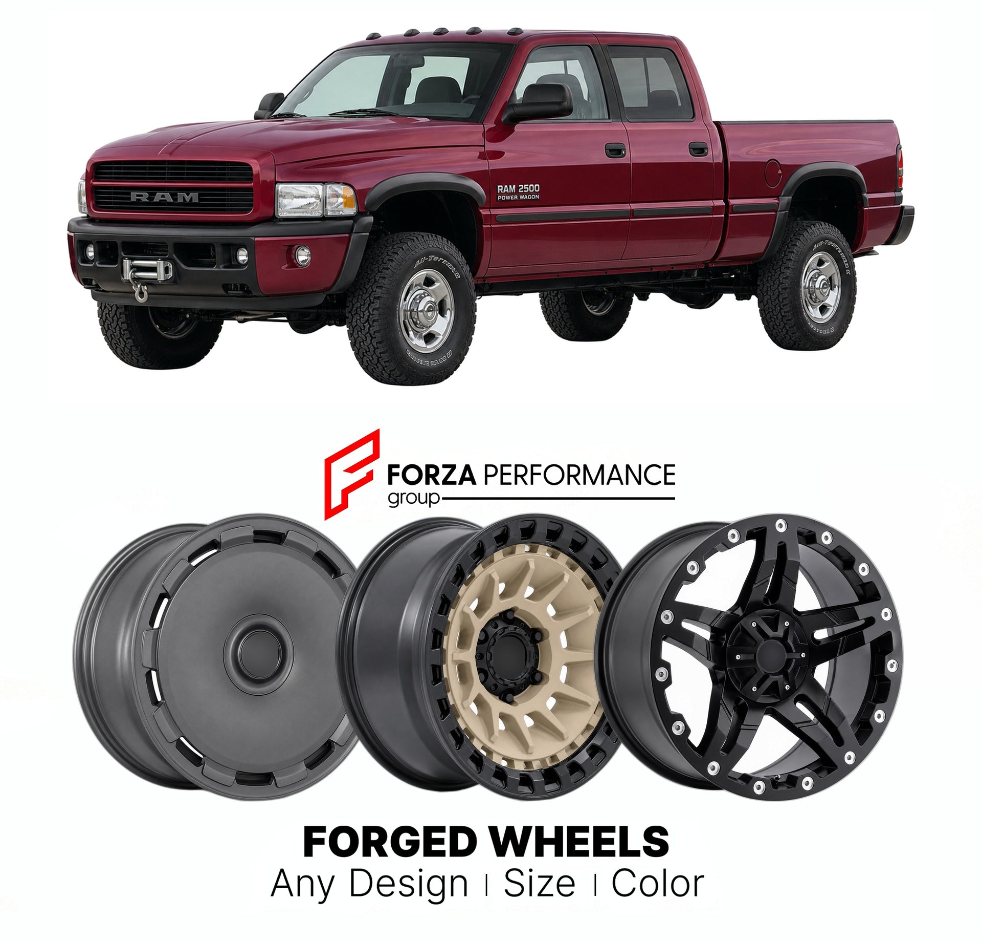 FORGED WHEELS RIMS for RAM 2500 POWER WAGON 1994+

Custom forged wheels for Ram 2500 Power Wagon 1994+. Made-to-order monoblock, 2-piece and 3-piece rims in custom sizes, offsets, colors and finishes with guaranteed fitment.

We manufacture premium quality forged wheels rims for Ram 2500 Power Wagon 1994+ in any design, size, color.

THIS WHEEL DESIGN CAN BE CUSTOM-MADE FOR YOUR CAR IN ANY SIZE AND COLOR OPTIONS
Available in monoblock, 2-piece, 3-piece, duoblock, beadlock
3D wheel renderings are provided ac