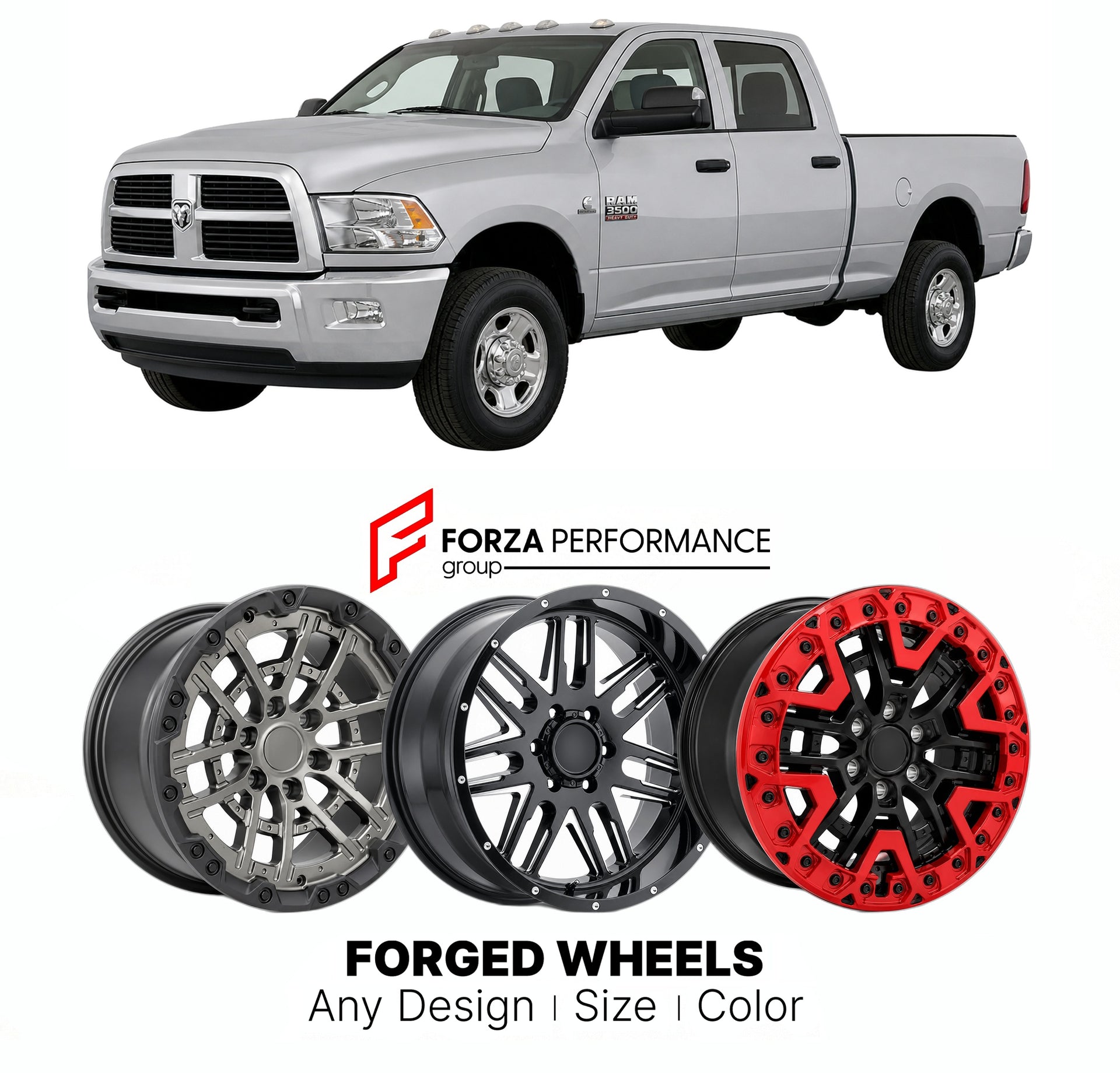 FORGED WHEELS RIMS for RAM 3500 2010 - 2018

Custom forged wheels for Ram 3500 2010 - 2018. Made-to-order monoblock, 2-piece and 3-piece rims in custom sizes, offsets, colors and finishes with guaranteed fitment.

We manufacture premium quality forged wheels rims for Ram 3500 2010 - 2018 in any design, size, color.

THIS WHEEL DESIGN CAN BE CUSTOM-MADE FOR YOUR CAR IN ANY SIZE AND COLOR OPTIONS
Available in monoblock, 2-piece, 3-piece, duoblock, beadlock
3D wheel renderings are provided according to the exa