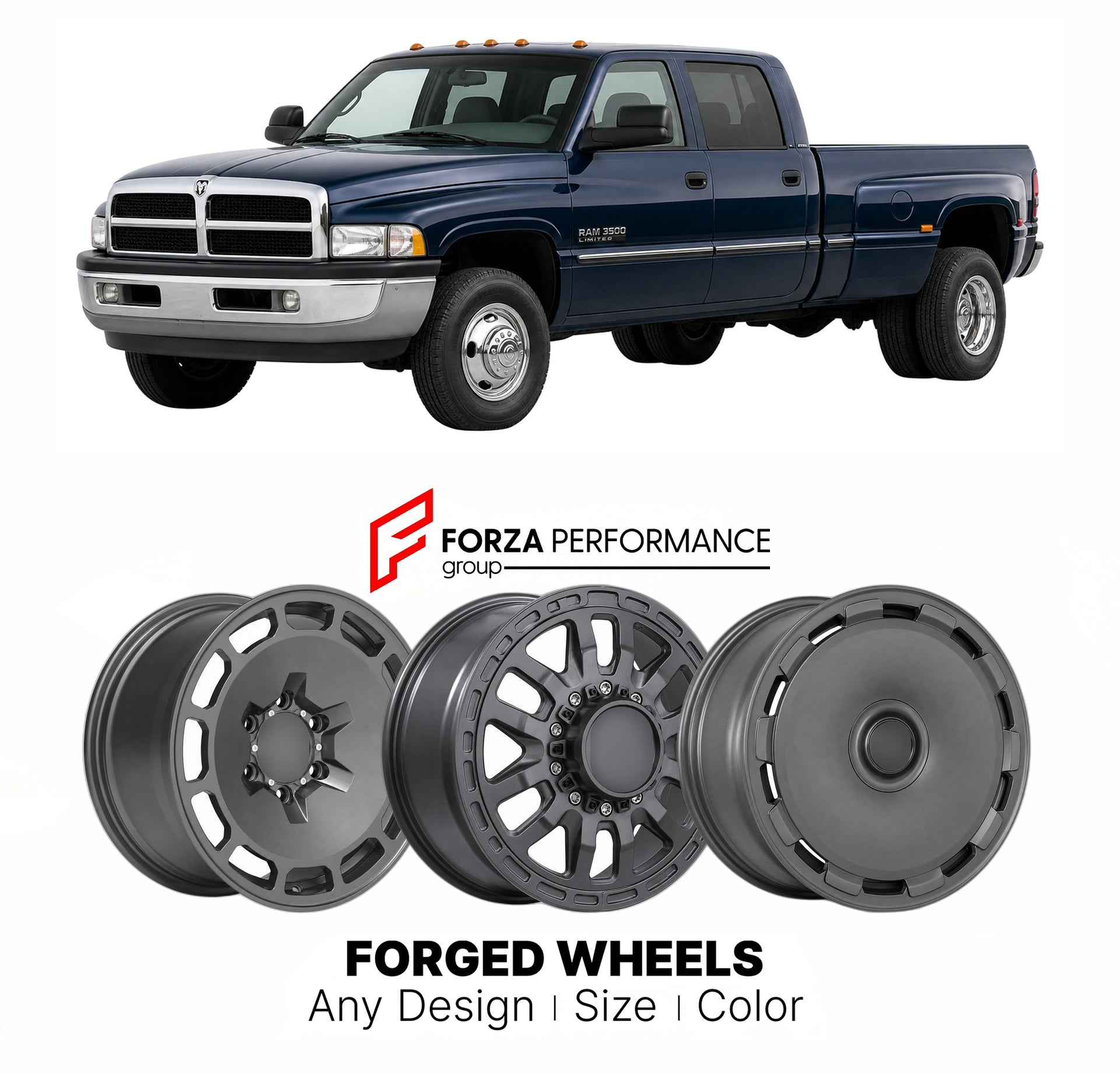 FORGED WHEELS RIMS for RAM 3500 LIMITED 1994+

Custom forged wheels for Ram 3500 Limited 1994+. Made-to-order monoblock, 2-piece and 3-piece rims in custom sizes, offsets, colors and finishes with guaranteed fitment.

We manufacture premium quality forged wheels rims for Ram 3500 Limited 1994+ in any design, size, color.

THIS WHEEL DESIGN CAN BE CUSTOM-MADE FOR YOUR CAR IN ANY SIZE AND COLOR OPTIONS
Available in monoblock, 2-piece, 3-piece, duoblock, beadlock
3D wheel renderings are provided according to t