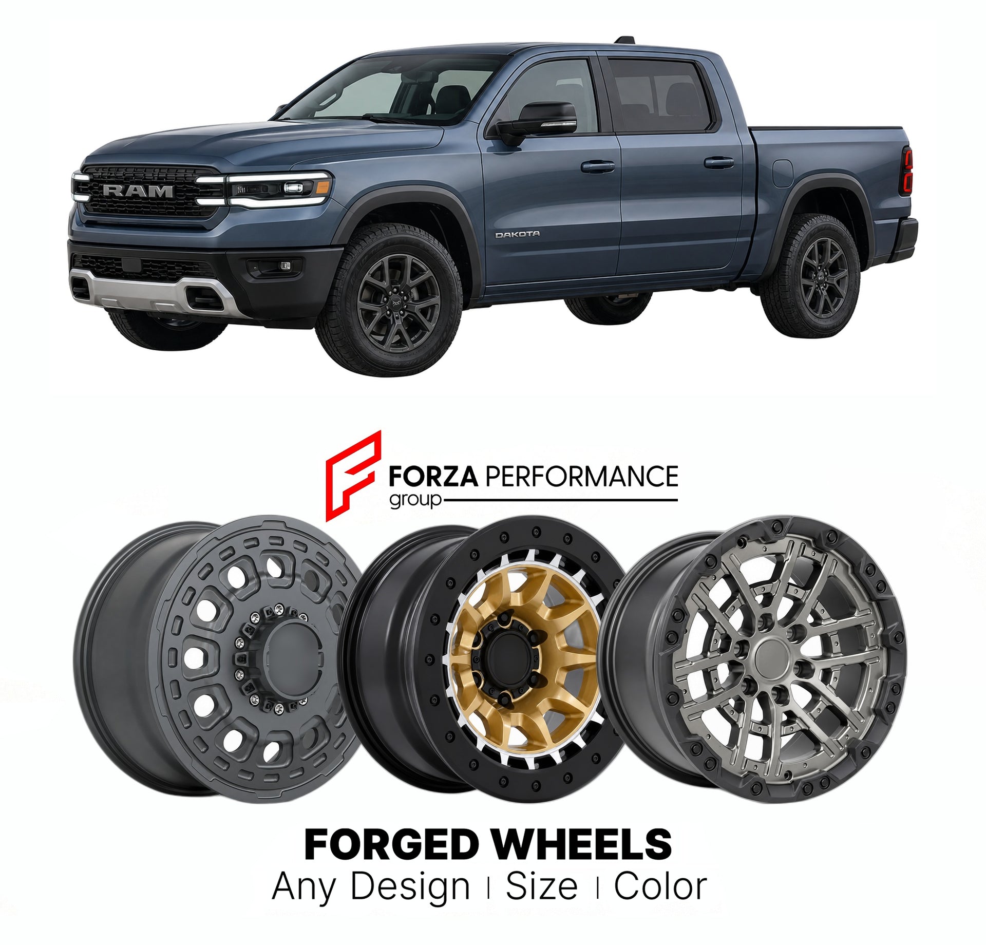 FORGED WHEELS RIMS for RAM DAKOTA CONFIRMED MIDSIZE PICKUP REVIVAL 2028+

Custom forged wheels for Ram Dakota Confirmed Midsize Pickup Revival 2028+. Made-to-order monoblock, 2-piece and 3-piece rims in custom sizes, offsets, colors and finishes with guaranteed fitment.

We manufacture premium quality forged wheels rims for Ram Dakota Confirmed Midsize Pickup Revival 2028+ in any design, size, color.

THIS WHEEL DESIGN CAN BE CUSTOM-MADE FOR YOUR CAR IN ANY SIZE AND COLOR OPTIONS
Available in monoblock, 2-p