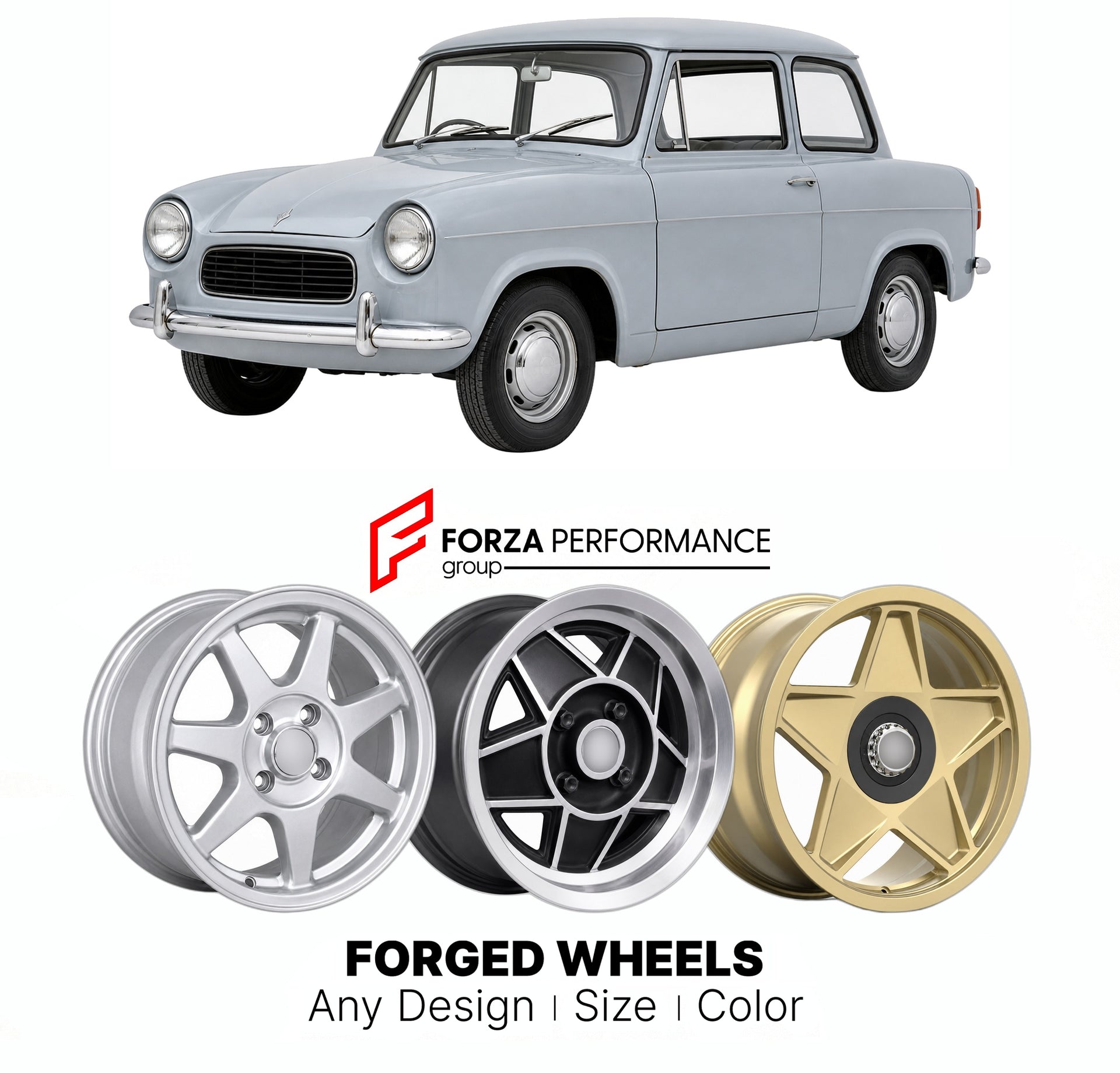 CUSTOM CLASSIC VINTAGE RESTOMOD RETRO OLD SCHOOL FORGED WHEELS RIMS for RELIANT REGAL 3 25 1962 - 1973

Custom forged wheels for Reliant Regal 3 25 1962 - 1973. Classic, vintage, restomod wheel designs made to order in custom sizes, offsets, colors and finishes.

We manufacture premium quality forged wheels rims for Reliant Regal 3 25 1962 - 1973 in any design, size, color.

THIS WHEEL DESIGN CAN BE CUSTOM-MADE FOR YOUR CAR IN ANY SIZE AND COLOR OPTIONS
Available in monoblock, 2-piece, 3-piece, duoblock, be