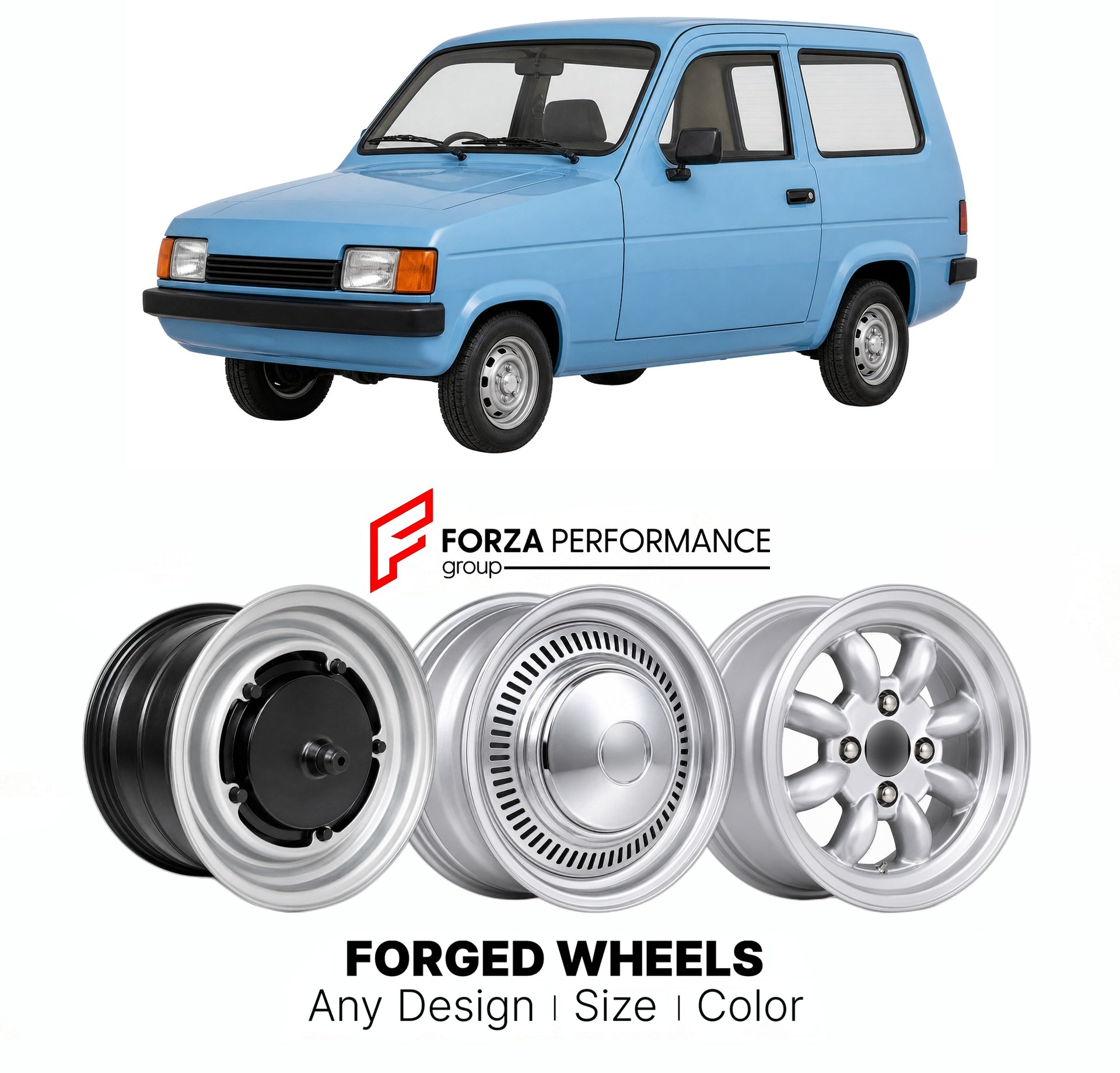 CUSTOM CLASSIC VINTAGE RESTOMOD RETRO OLD SCHOOL FORGED WHEELS RIMS for RELIANT ROBIN MK 2 1989 - 2001

Custom forged wheels for Reliant Robin MK 2 1989 - 2001. Classic, vintage, restomod wheel designs made to order in custom sizes, offsets, colors and finishes.

We manufacture premium quality forged wheels rims for Reliant Robin MK 2 1989 - 2001 in any design, size, color.

THIS WHEEL DESIGN CAN BE CUSTOM-MADE FOR YOUR CAR IN ANY SIZE AND COLOR OPTIONS
Available in monoblock, 2-piece, 3-piece, duoblock, be