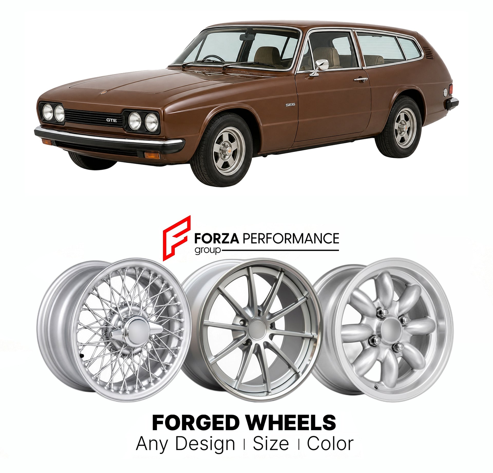 CUSTOM CLASSIC VINTAGE RESTOMOD RETRO OLD SCHOOL FORGED WHEELS RIMS for RELIANT SCIMITAR GTE SE6 1975 - 1986

Custom forged wheels for Reliant Scimitar GTE SE6 1975 - 1986. Classic, vintage, restomod wheel designs made to order in custom sizes, offsets, colors and finishes.

We manufacture premium quality forged wheels rims for Reliant Scimitar GTE SE6 1975 - 1986 in any design, size, color.

THIS WHEEL DESIGN CAN BE CUSTOM-MADE FOR YOUR CAR IN ANY SIZE AND COLOR OPTIONS
Available in monoblock, 2-piece, 3-p