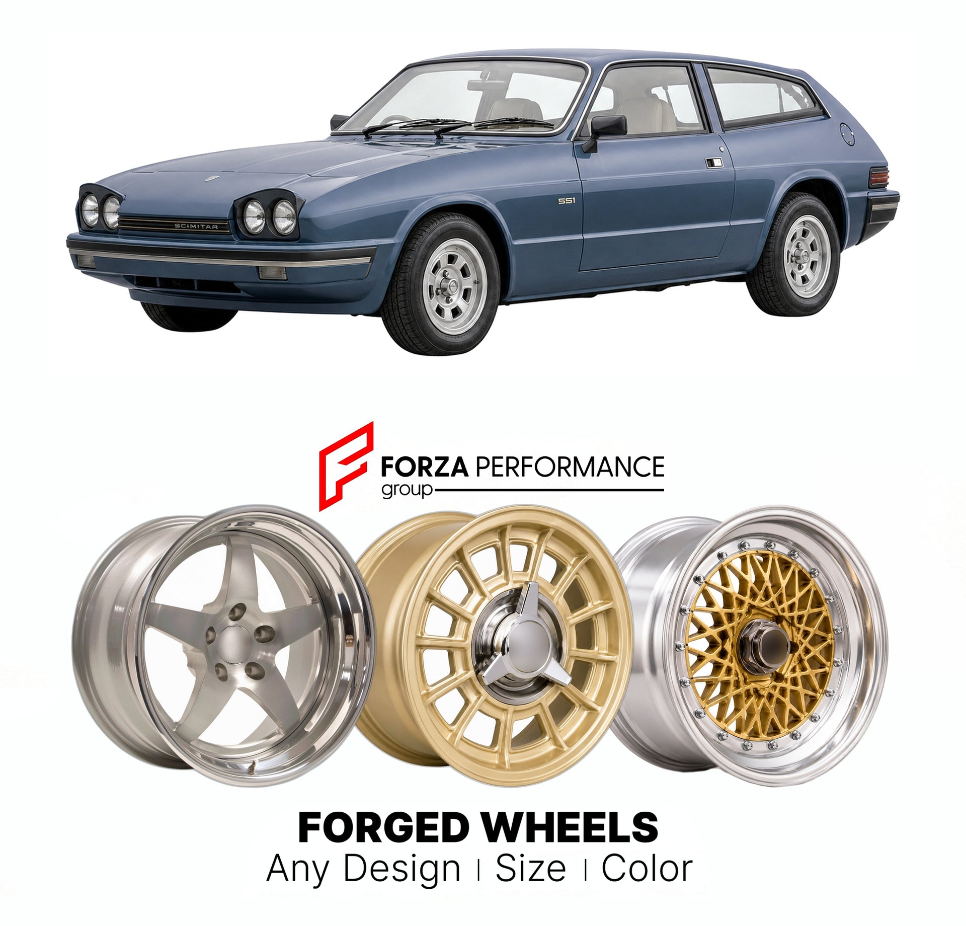 CUSTOM CLASSIC VINTAGE RESTOMOD RETRO OLD SCHOOL FORGED WHEELS RIMS for RELIANT SCIMITAR SS1 1984 - 1990

Custom forged wheels for Reliant Scimitar SS1 1984 - 1990. Classic, vintage, restomod wheel designs made to order in custom sizes, offsets, colors and finishes.

We manufacture premium quality forged wheels rims for Reliant Scimitar SS1 1984 - 1990 in any design, size, color.

THIS WHEEL DESIGN CAN BE CUSTOM-MADE FOR YOUR CAR IN ANY SIZE AND COLOR OPTIONS
Available in monoblock, 2-piece, 3-piece, duoblo