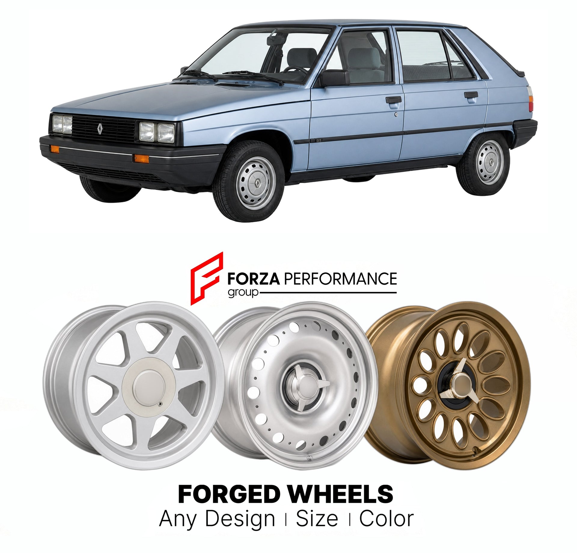 CUSTOM CLASSIC VINTAGE RESTOMOD RETRO OLD SCHOOL FORGED WHEELS RIMS for RENAULT 11 1983 - 1989

Custom forged wheels for Renault 11 1983 - 1989. Classic, vintage, restomod wheel designs made to order in custom sizes, offsets, colors and finishes.

We manufacture premium quality forged wheels rims for Renault 11 1983 - 1989 in any design, size, color.

THIS WHEEL DESIGN CAN BE CUSTOM-MADE FOR YOUR CAR IN ANY SIZE AND COLOR OPTIONS
Available in monoblock, 2-piece, 3-piece, duoblock, beadlock
3D wheel renderin