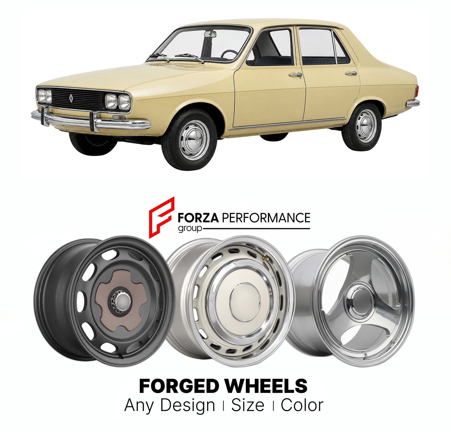 CUSTOM CLASSIC VINTAGE RESTOMOD RETRO OLD SCHOOL FORGED WHEELS RIMS for RENAULT 12 1969 - 1980

Custom forged wheels for Renault 12 1969 - 1980. Classic, vintage, restomod wheel designs made to order in custom sizes, offsets, colors and finishes.

We manufacture premium quality forged wheels rims for Renault 12 1969 - 1980 in any design, size, color.

THIS WHEEL DESIGN CAN BE CUSTOM-MADE FOR YOUR CAR IN ANY SIZE AND COLOR OPTIONS
Available in monoblock, 2-piece, 3-piece, duoblock, beadlock
3D wheel renderin