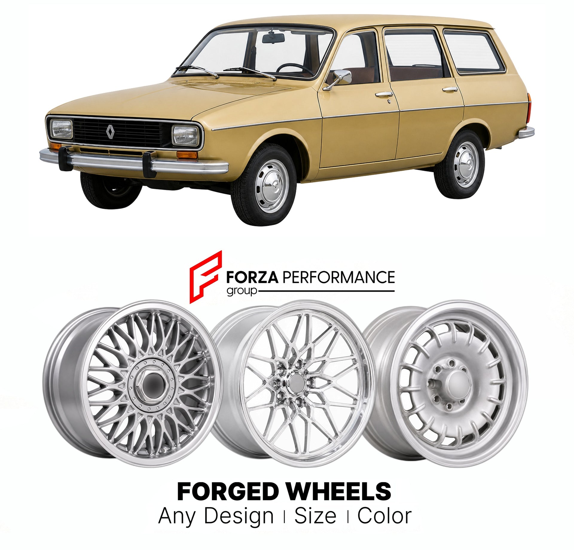 CUSTOM CLASSIC VINTAGE RESTOMOD RETRO OLD SCHOOL FORGED WHEELS RIMS for RENAULT 12 BREAK 1970 - 1980

Custom forged wheels for Renault 12 Break 1970 - 1980. Classic, vintage, restomod wheel designs made to order in custom sizes, offsets, colors and finishes.

We manufacture premium quality forged wheels rims for Renault 12 Break 1970 - 1980 in any design, size, color.

THIS WHEEL DESIGN CAN BE CUSTOM-MADE FOR YOUR CAR IN ANY SIZE AND COLOR OPTIONS
Available in monoblock, 2-piece, 3-piece, duoblock, beadlock