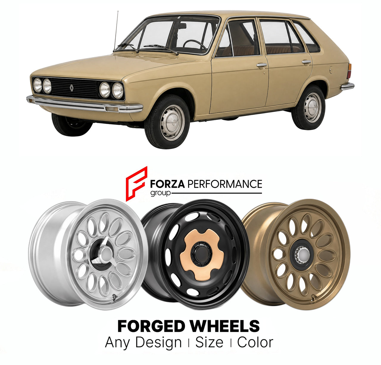 CUSTOM CLASSIC VINTAGE RESTOMOD RETRO OLD SCHOOL FORGED WHEELS RIMS for RENAULT 14 1976 - 1983

Custom forged wheels for Renault 14 1976 - 1983. Classic, vintage, restomod wheel designs made to order in custom sizes, offsets, colors and finishes.

We manufacture premium quality forged wheels rims for Renault 14 1976 - 1983 in any design, size, color.

THIS WHEEL DESIGN CAN BE CUSTOM-MADE FOR YOUR CAR IN ANY SIZE AND COLOR OPTIONS
Available in monoblock, 2-piece, 3-piece, duoblock, beadlock
3D wheel renderin