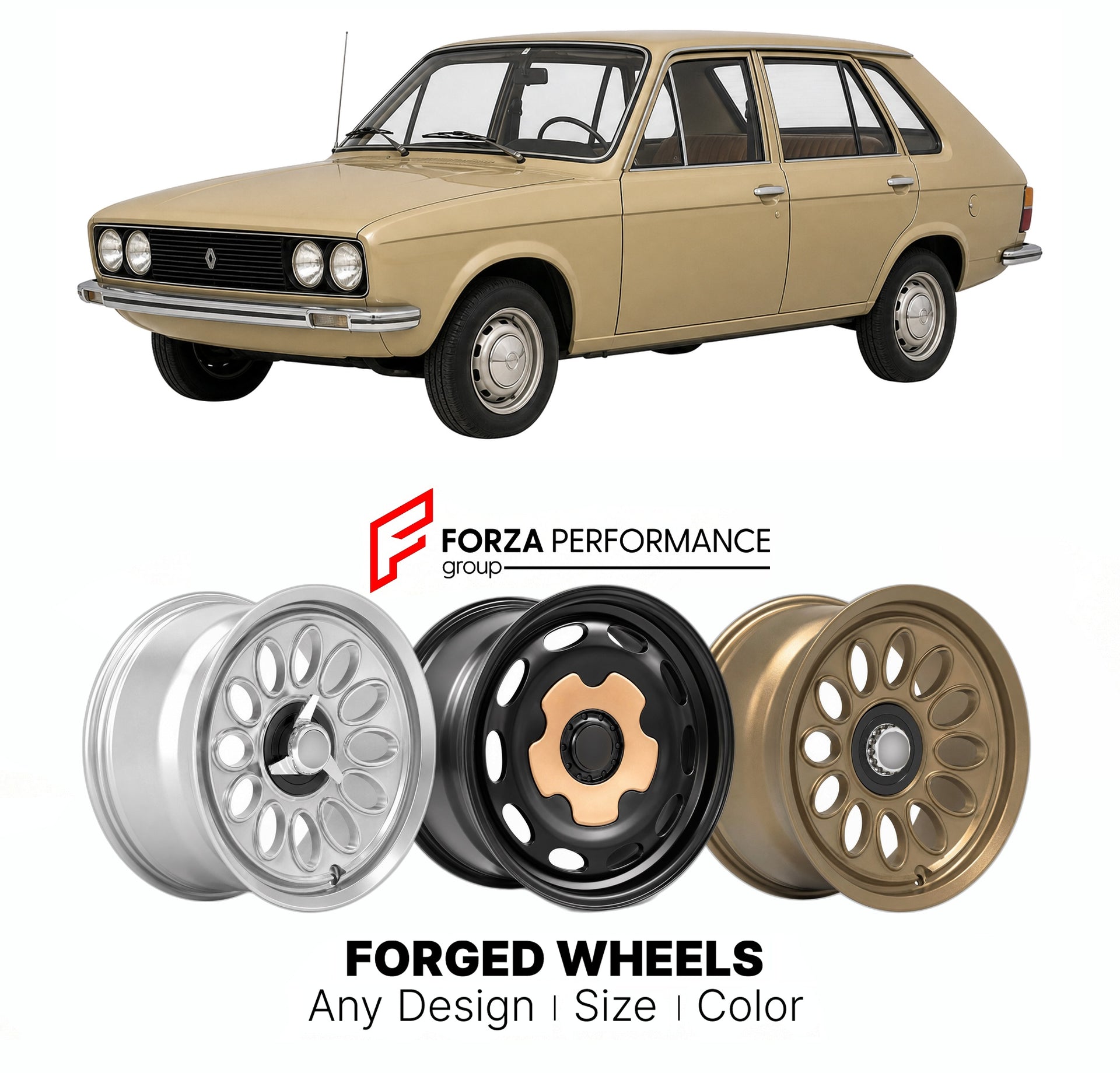 CUSTOM CLASSIC VINTAGE RESTOMOD RETRO OLD SCHOOL FORGED WHEELS RIMS for RENAULT 14 1976 - 1983

Custom forged wheels for Renault 14 1976 - 1983. Classic, vintage, restomod wheel designs made to order in custom sizes, offsets, colors and finishes.

We manufacture premium quality forged wheels rims for Renault 14 1976 - 1983 in any design, size, color.

THIS WHEEL DESIGN CAN BE CUSTOM-MADE FOR YOUR CAR IN ANY SIZE AND COLOR OPTIONS
Available in monoblock, 2-piece, 3-piece, duoblock, beadlock
3D wheel renderin