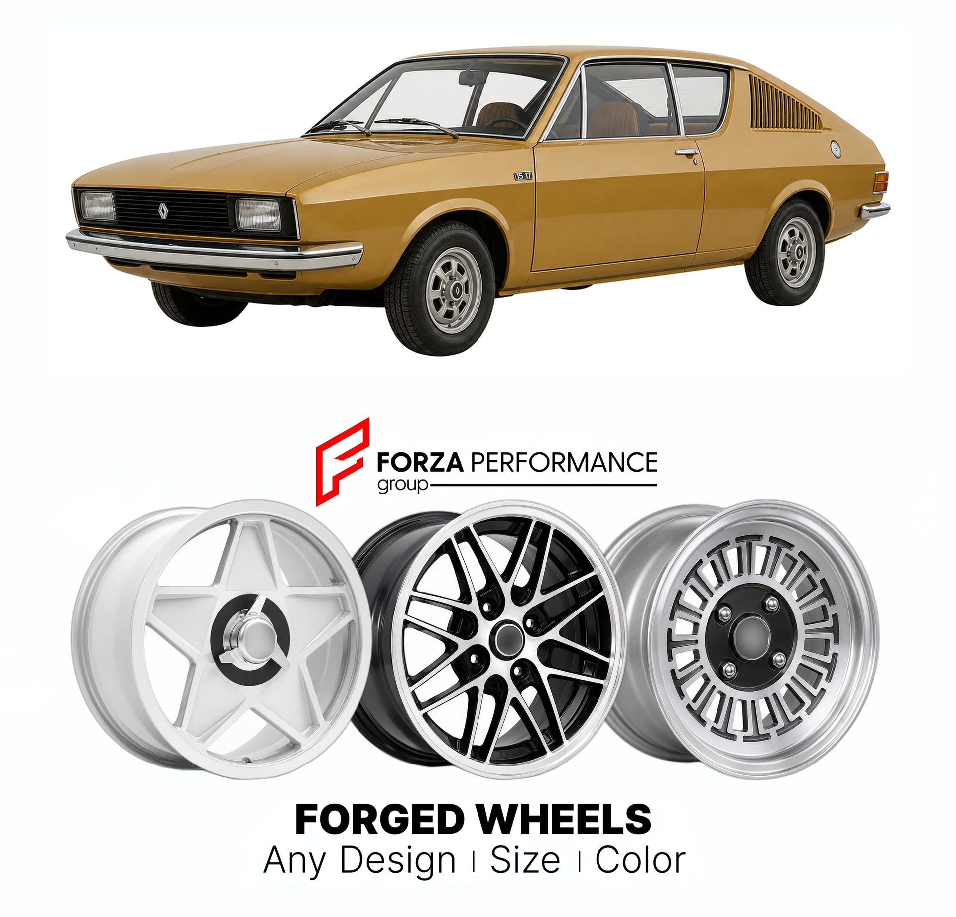 CUSTOM CLASSIC VINTAGE RESTOMOD RETRO OLD SCHOOL FORGED WHEELS RIMS for RENAULT 15 17 1971 - 1979

Custom forged wheels for Renault 15 17 1971 - 1979. Classic, vintage, restomod wheel designs made to order in custom sizes, offsets, colors and finishes.

We manufacture premium quality forged wheels rims for Renault 15 17 1971 - 1979 in any design, size, color.

THIS WHEEL DESIGN CAN BE CUSTOM-MADE FOR YOUR CAR IN ANY SIZE AND COLOR OPTIONS
Available in monoblock, 2-piece, 3-piece, duoblock, beadlock
3D wheel
