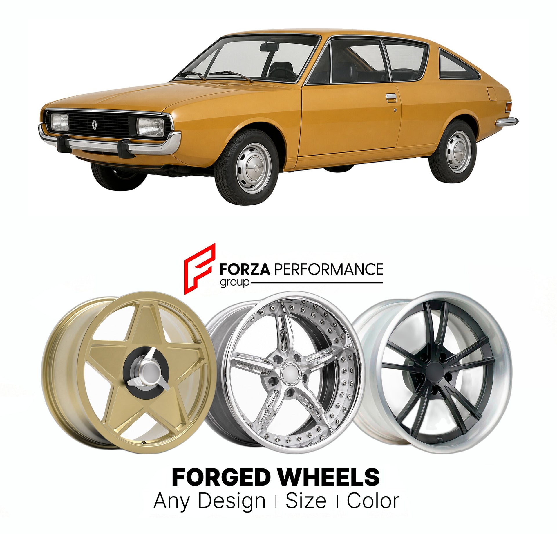 CUSTOM CLASSIC VINTAGE RESTOMOD RETRO OLD SCHOOL FORGED WHEELS RIMS for RENAULT 15 1971 - 1979

Custom forged wheels for Renault 15 1971 - 1979. Classic, vintage, restomod wheel designs made to order in custom sizes, offsets, colors and finishes.

We manufacture premium quality forged wheels rims for Renault 15 1971 - 1979 in any design, size, color.

THIS WHEEL DESIGN CAN BE CUSTOM-MADE FOR YOUR CAR IN ANY SIZE AND COLOR OPTIONS
Available in monoblock, 2-piece, 3-piece, duoblock, beadlock
3D wheel renderin