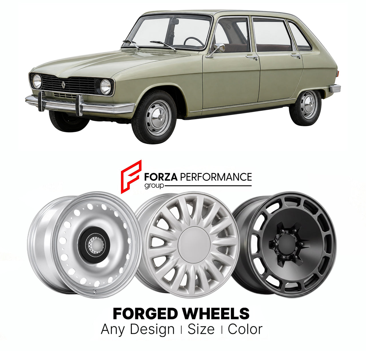 CUSTOM CLASSIC VINTAGE RESTOMOD RETRO OLD SCHOOL FORGED WHEELS RIMS for RENAULT 16 1965 - 1980

Custom forged wheels for Renault 16 1965 - 1980. Classic, vintage, restomod wheel designs made to order in custom sizes, offsets, colors and finishes.

We manufacture premium quality forged wheels rims for Renault 16 1965 - 1980 in any design, size, color.

THIS WHEEL DESIGN CAN BE CUSTOM-MADE FOR YOUR CAR IN ANY SIZE AND COLOR OPTIONS
Available in monoblock, 2-piece, 3-piece, duoblock, beadlock
3D wheel renderin