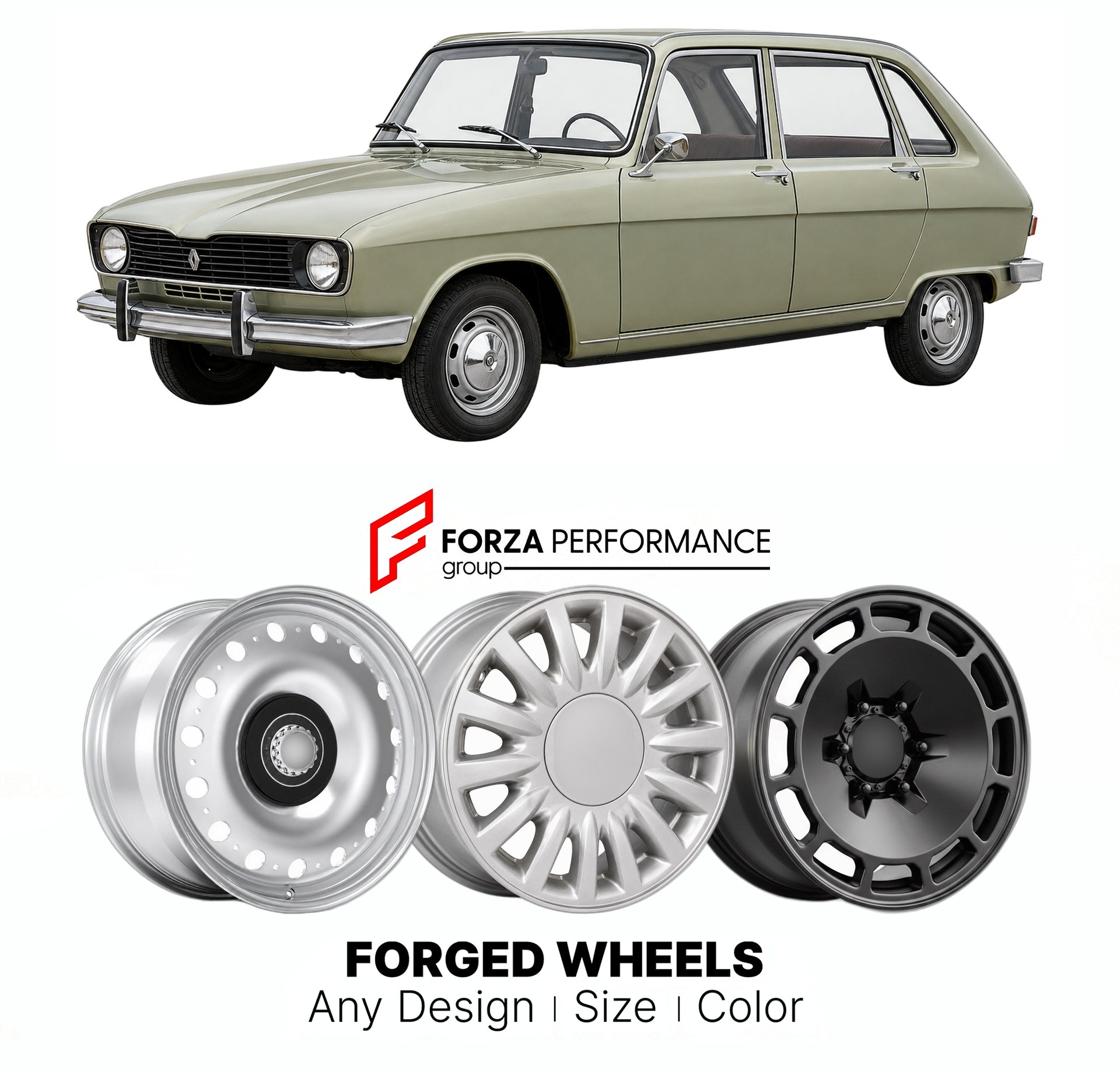 CUSTOM CLASSIC VINTAGE RESTOMOD RETRO OLD SCHOOL FORGED WHEELS RIMS for RENAULT 16 1965 - 1980

Custom forged wheels for Renault 16 1965 - 1980. Classic, vintage, restomod wheel designs made to order in custom sizes, offsets, colors and finishes.

We manufacture premium quality forged wheels rims for Renault 16 1965 - 1980 in any design, size, color.

THIS WHEEL DESIGN CAN BE CUSTOM-MADE FOR YOUR CAR IN ANY SIZE AND COLOR OPTIONS
Available in monoblock, 2-piece, 3-piece, duoblock, beadlock
3D wheel renderin