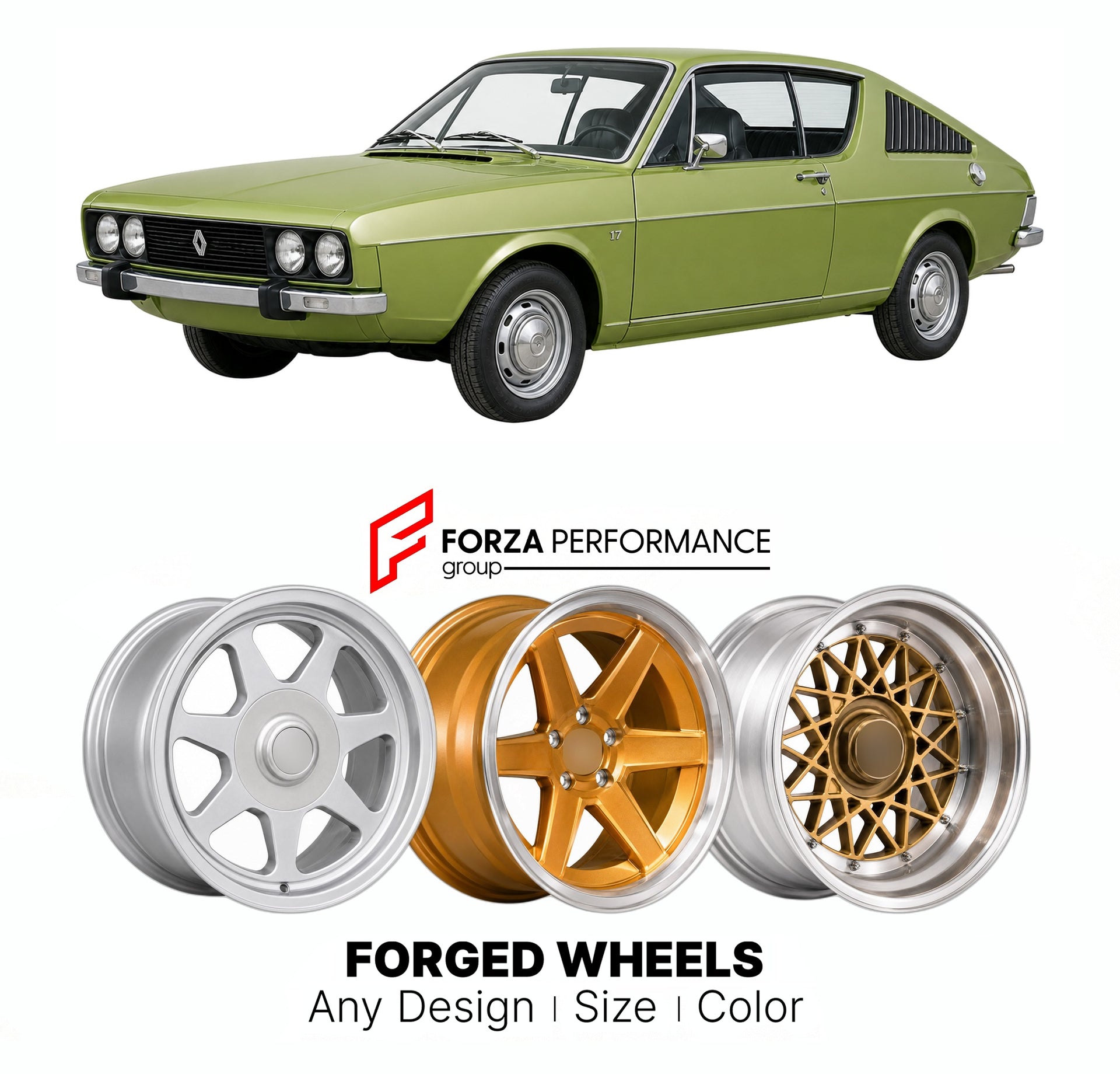 CUSTOM CLASSIC VINTAGE RESTOMOD RETRO OLD SCHOOL FORGED WHEELS RIMS for RENAULT 17 1971 - 1979

Custom forged wheels for Renault 17 1971 - 1979. Classic, vintage, restomod wheel designs made to order in custom sizes, offsets, colors and finishes.

We manufacture premium quality forged wheels rims for Renault 17 1971 - 1979 in any design, size, color.

THIS WHEEL DESIGN CAN BE CUSTOM-MADE FOR YOUR CAR IN ANY SIZE AND COLOR OPTIONS
Available in monoblock, 2-piece, 3-piece, duoblock, beadlock
3D wheel renderin