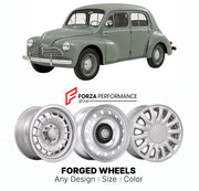 CUSTOM CLASSIC VINTAGE RESTOMOD RETRO OLD SCHOOL FORGED WHEELS RIMS for RENAULT 4CV 1947 - 1961

Custom forged wheels for Renault 4CV 1947 - 1961. Classic, vintage, restomod wheel designs made to order in custom sizes, offsets, colors and finishes.

We manufacture premium quality forged wheels rims for Renault 4CV 1947 - 1961 in any design, size, color.

THIS WHEEL DESIGN CAN BE CUSTOM-MADE FOR YOUR CAR IN ANY SIZE AND COLOR OPTIONS
Available in monoblock, 2-piece, 3-piece, duoblock, beadlock
3D wheel rende