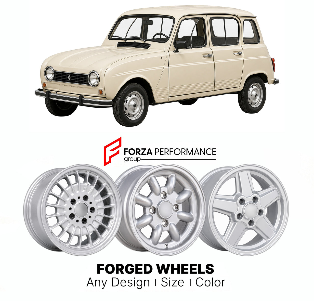 CUSTOM CLASSIC VINTAGE RESTOMOD RETRO OLD SCHOOL FORGED WHEELS RIMS for RENAULT 4TL RENAULT 1978 - 1992

Custom forged wheels for Renault 4TL Renault 1978 - 1992. Classic, vintage, restomod wheel designs made to order in custom sizes, offsets, colors and finishes.

We manufacture premium quality forged wheels rims for Renault 4TL Renault 1978 - 1992 in any design, size, color.

THIS WHEEL DESIGN CAN BE CUSTOM-MADE FOR YOUR CAR IN ANY SIZE AND COLOR OPTIONS
Available in monoblock, 2-piece, 3-piece, duoblock,