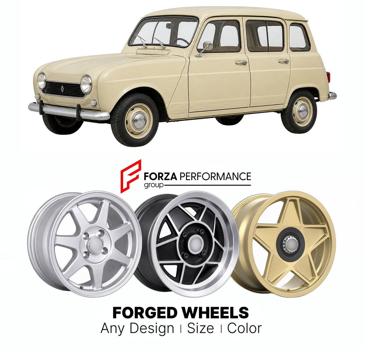 CUSTOM CLASSIC VINTAGE RESTOMOD RETRO OLD SCHOOL FORGED WHEELS RIMS for RENAULT 4 1961 - 1992

Custom forged wheels for Renault 4 1961 - 1992. Classic, vintage, restomod wheel designs made to order in custom sizes, offsets, colors and finishes.

We manufacture premium quality forged wheels rims for Renault 4 1961 - 1992 in any design, size, color.

THIS WHEEL DESIGN CAN BE CUSTOM-MADE FOR YOUR CAR IN ANY SIZE AND COLOR OPTIONS
Available in monoblock, 2-piece, 3-piece, duoblock, beadlock
3D wheel renderings 