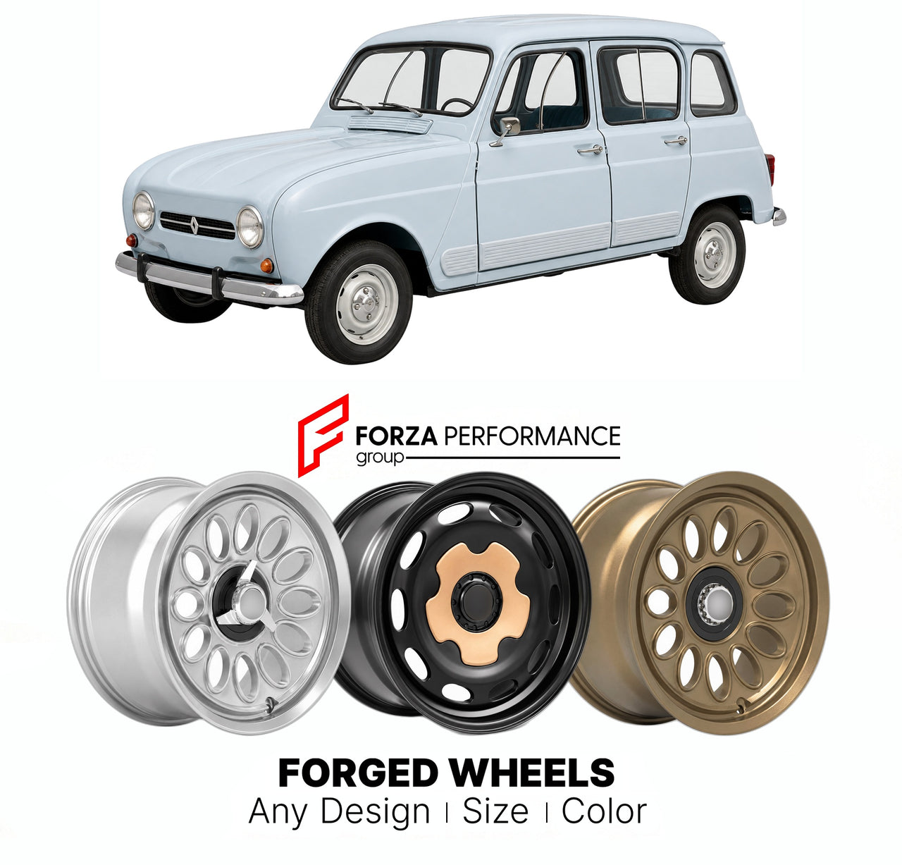 CUSTOM CLASSIC VINTAGE RESTOMOD RETRO OLD SCHOOL FORGED WHEELS RIMS for RENAULT 4 1961 - 1994

Custom forged wheels for Renault 4 1961 - 1994. Classic, vintage, restomod wheel designs made to order in custom sizes, offsets, colors and finishes.

We manufacture premium quality forged wheels rims for Renault 4 1961 - 1994 in any design, size, color.

THIS WHEEL DESIGN CAN BE CUSTOM-MADE FOR YOUR CAR IN ANY SIZE AND COLOR OPTIONS
Available in monoblock, 2-piece, 3-piece, duoblock, beadlock
3D wheel renderings 