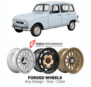 CUSTOM CLASSIC VINTAGE RESTOMOD RETRO OLD SCHOOL FORGED WHEELS RIMS for RENAULT 4 1961 - 1994

Custom forged wheels for Renault 4 1961 - 1994. Classic, vintage, restomod wheel designs made to order in custom sizes, offsets, colors and finishes.

We manufacture premium quality forged wheels rims for Renault 4 1961 - 1994 in any design, size, color.

THIS WHEEL DESIGN CAN BE CUSTOM-MADE FOR YOUR CAR IN ANY SIZE AND COLOR OPTIONS
Available in monoblock, 2-piece, 3-piece, duoblock, beadlock
3D wheel renderings 