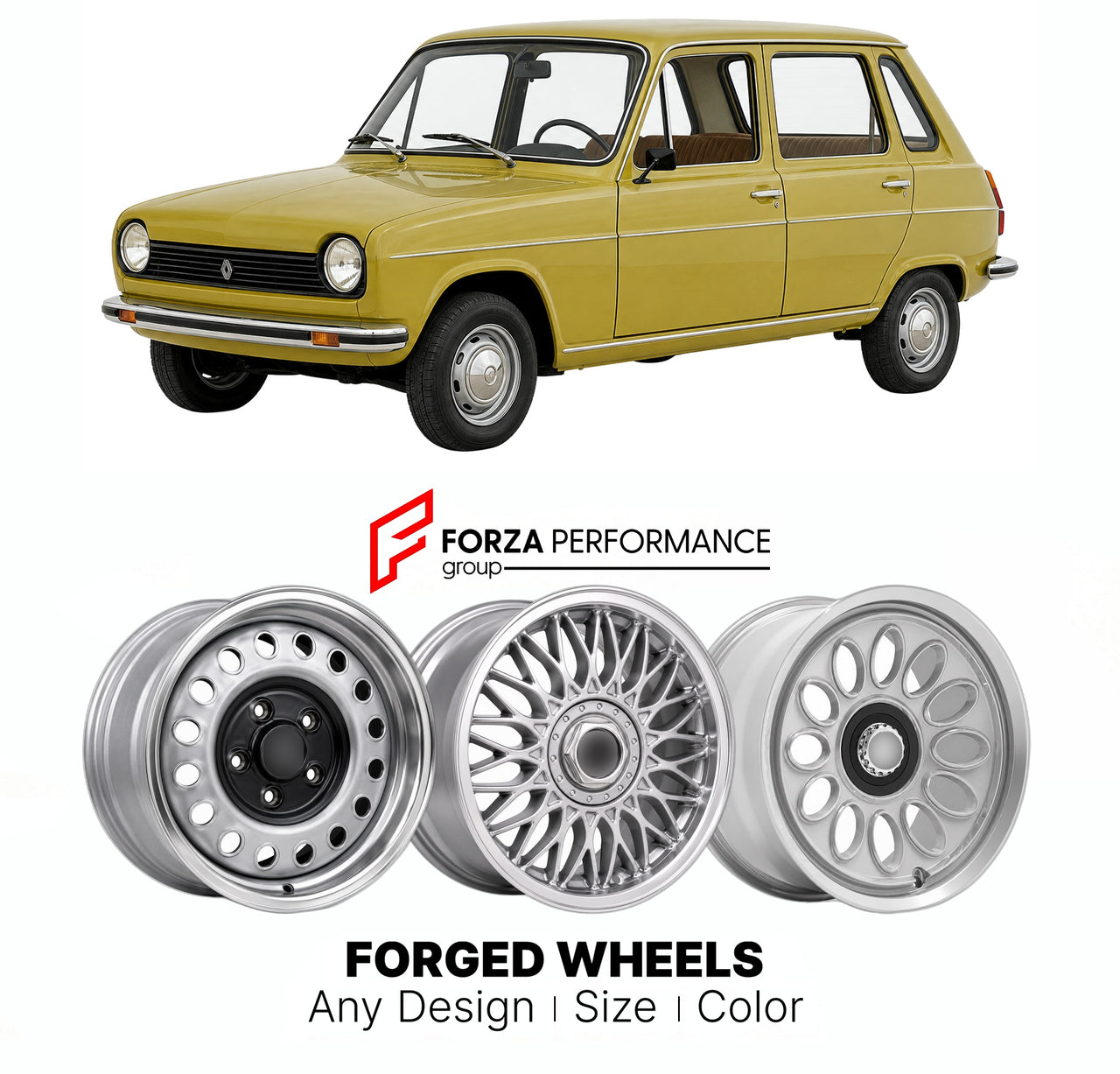 CUSTOM CLASSIC VINTAGE RESTOMOD RETRO OLD SCHOOL FORGED WHEELS RIMS for RENAULT 5 1972 - 1985

Custom forged wheels for Renault 5 1972 - 1985. Classic, vintage, restomod wheel designs made to order in custom sizes, offsets, colors and finishes.

We manufacture premium quality forged wheels rims for Renault 5 1972 - 1985 in any design, size, color.

THIS WHEEL DESIGN CAN BE CUSTOM-MADE FOR YOUR CAR IN ANY SIZE AND COLOR OPTIONS
Available in monoblock, 2-piece, 3-piece, duoblock, beadlock
3D wheel renderings 