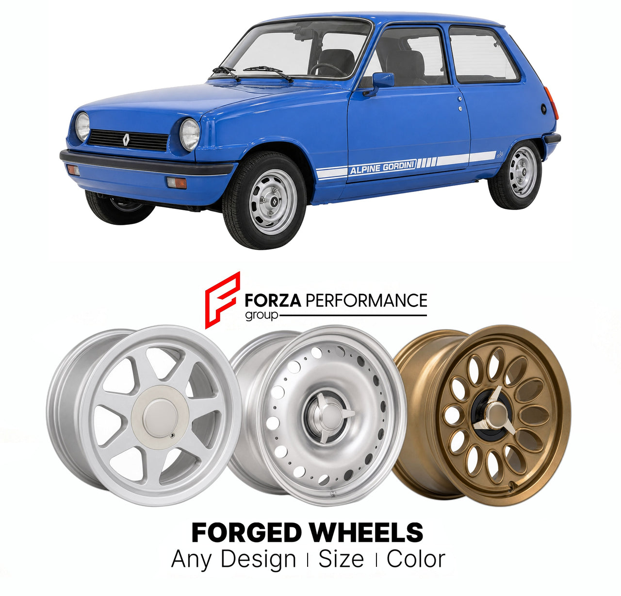 CUSTOM CLASSIC VINTAGE RESTOMOD RETRO OLD SCHOOL FORGED WHEELS RIMS for RENAULT 5 ALPINE GORDINI 1976 - 1984

Custom forged wheels for Renault 5 Alpine Gordini 1976 - 1984. Classic, vintage, restomod wheel designs made to order in custom sizes, offsets, colors and finishes.

We manufacture premium quality forged wheels rims for Renault 5 Alpine Gordini 1976 - 1984 in any design, size, color.

THIS WHEEL DESIGN CAN BE CUSTOM-MADE FOR YOUR CAR IN ANY SIZE AND COLOR OPTIONS
Available in monoblock, 2-piece, 3-p