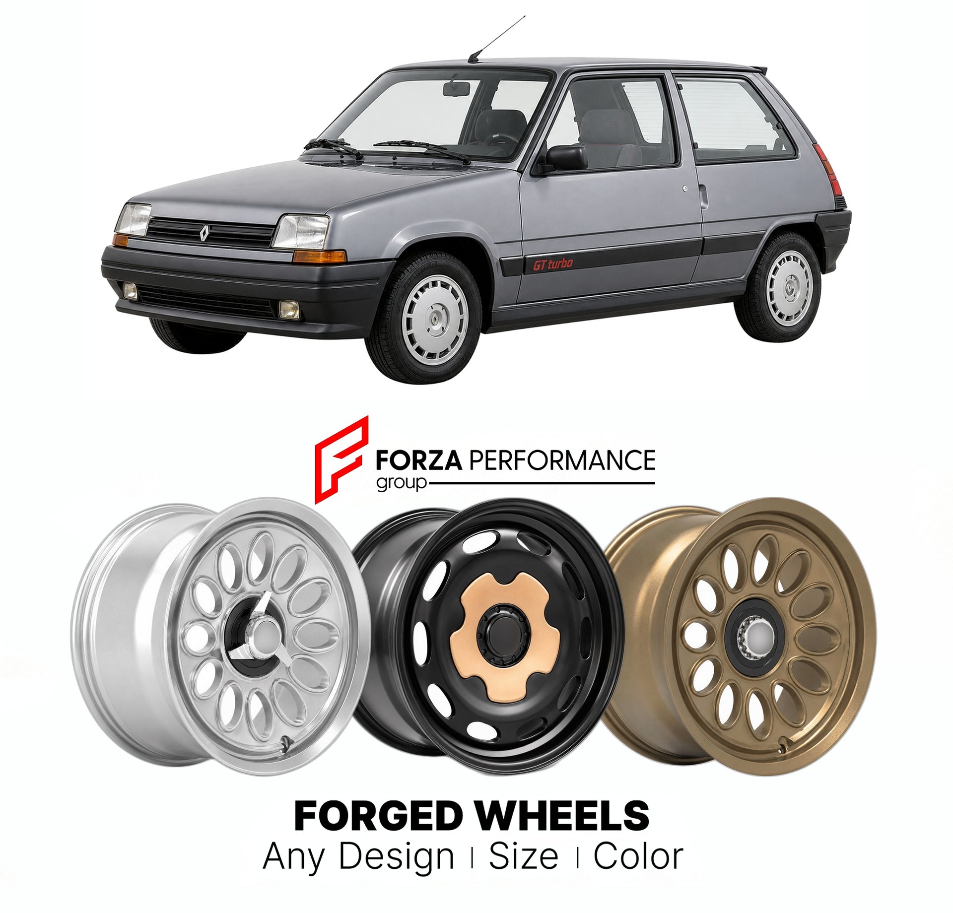 CUSTOM CLASSIC VINTAGE RESTOMOD RETRO OLD SCHOOL FORGED WHEELS RIMS for RENAULT 5 GT TURBO 1985 - 1991

Custom forged wheels for Renault 5 GT Turbo 1985 - 1991. Classic, vintage, restomod wheel designs made to order in custom sizes, offsets, colors and finishes.

We manufacture premium quality forged wheels rims for Renault 5 GT Turbo 1985 - 1991 in any design, size, color.

THIS WHEEL DESIGN CAN BE CUSTOM-MADE FOR YOUR CAR IN ANY SIZE AND COLOR OPTIONS
Available in monoblock, 2-piece, 3-piece, duoblock, be