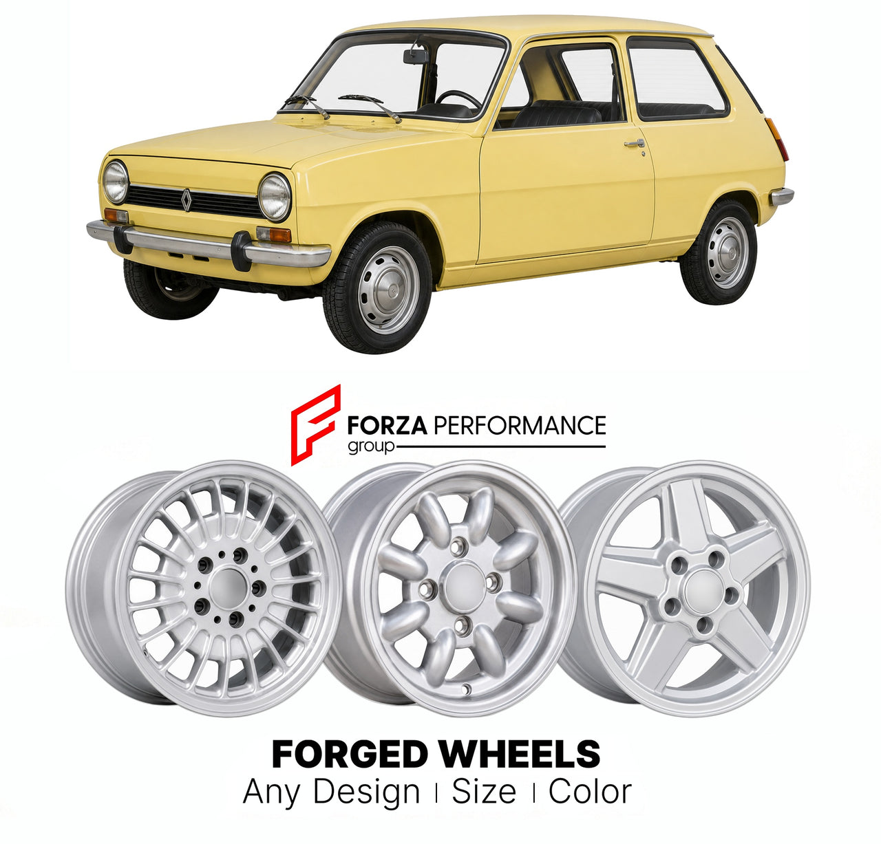 CUSTOM CLASSIC VINTAGE RESTOMOD RETRO OLD SCHOOL FORGED WHEELS RIMS for RENAULT 5 MK 1 1972 - 1985

Custom forged wheels for Renault 5 MK 1 1972 - 1985. Classic, vintage, restomod wheel designs made to order in custom sizes, offsets, colors and finishes.

We manufacture premium quality forged wheels rims for Renault 5 MK 1 1972 - 1985 in any design, size, color.

THIS WHEEL DESIGN CAN BE CUSTOM-MADE FOR YOUR CAR IN ANY SIZE AND COLOR OPTIONS
Available in monoblock, 2-piece, 3-piece, duoblock, beadlock
3D wh