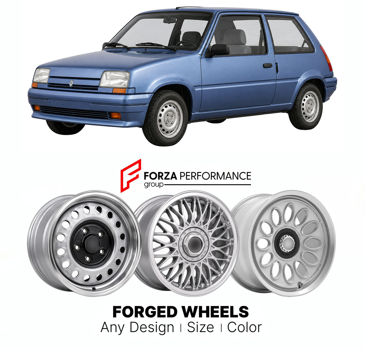 CUSTOM CLASSIC VINTAGE RESTOMOD RETRO OLD SCHOOL FORGED WHEELS RIMS for RENAULT 5 SUPERCINQ 1984 - 1996

Custom forged wheels for Renault 5 Supercinq 1984 - 1996. Classic, vintage, restomod wheel designs made to order in custom sizes, offsets, colors and finishes.

We manufacture premium quality forged wheels rims for Renault 5 Supercinq 1984 - 1996 in any design, size, color.

THIS WHEEL DESIGN CAN BE CUSTOM-MADE FOR YOUR CAR IN ANY SIZE AND COLOR OPTIONS
Available in monoblock, 2-piece, 3-piece, duoblock,