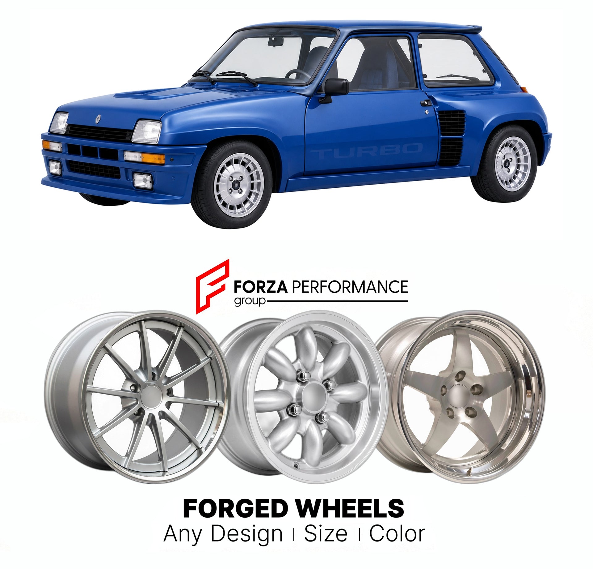CUSTOM CLASSIC VINTAGE RESTOMOD RETRO OLD SCHOOL FORGED WHEELS RIMS for RENAULT 5 TURBO 1980 - 1986

Custom forged wheels for Renault 5 Turbo 1980 - 1986. Classic, vintage, restomod wheel designs made to order in custom sizes, offsets, colors and finishes.

We manufacture premium quality forged wheels rims for Renault 5 Turbo 1980 - 1986 in any design, size, color.

THIS WHEEL DESIGN CAN BE CUSTOM-MADE FOR YOUR CAR IN ANY SIZE AND COLOR OPTIONS
Available in monoblock, 2-piece, 3-piece, duoblock, beadlock
3D