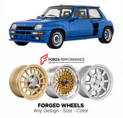 CUSTOM CLASSIC VINTAGE RESTOMOD RETRO OLD SCHOOL FORGED WHEELS RIMS for RENAULT 5 TURBO 2 1980 - 1986

Custom forged wheels for Renault 5 Turbo 2 1980 - 1986. Classic, vintage, restomod wheel designs made to order in custom sizes, offsets, colors and finishes.

We manufacture premium quality forged wheels rims for Renault 5 Turbo 2 1980 - 1986 in any design, size, color.

THIS WHEEL DESIGN CAN BE CUSTOM-MADE FOR YOUR CAR IN ANY SIZE AND COLOR OPTIONS
Available in monoblock, 2-piece, 3-piece, duoblock, beadl