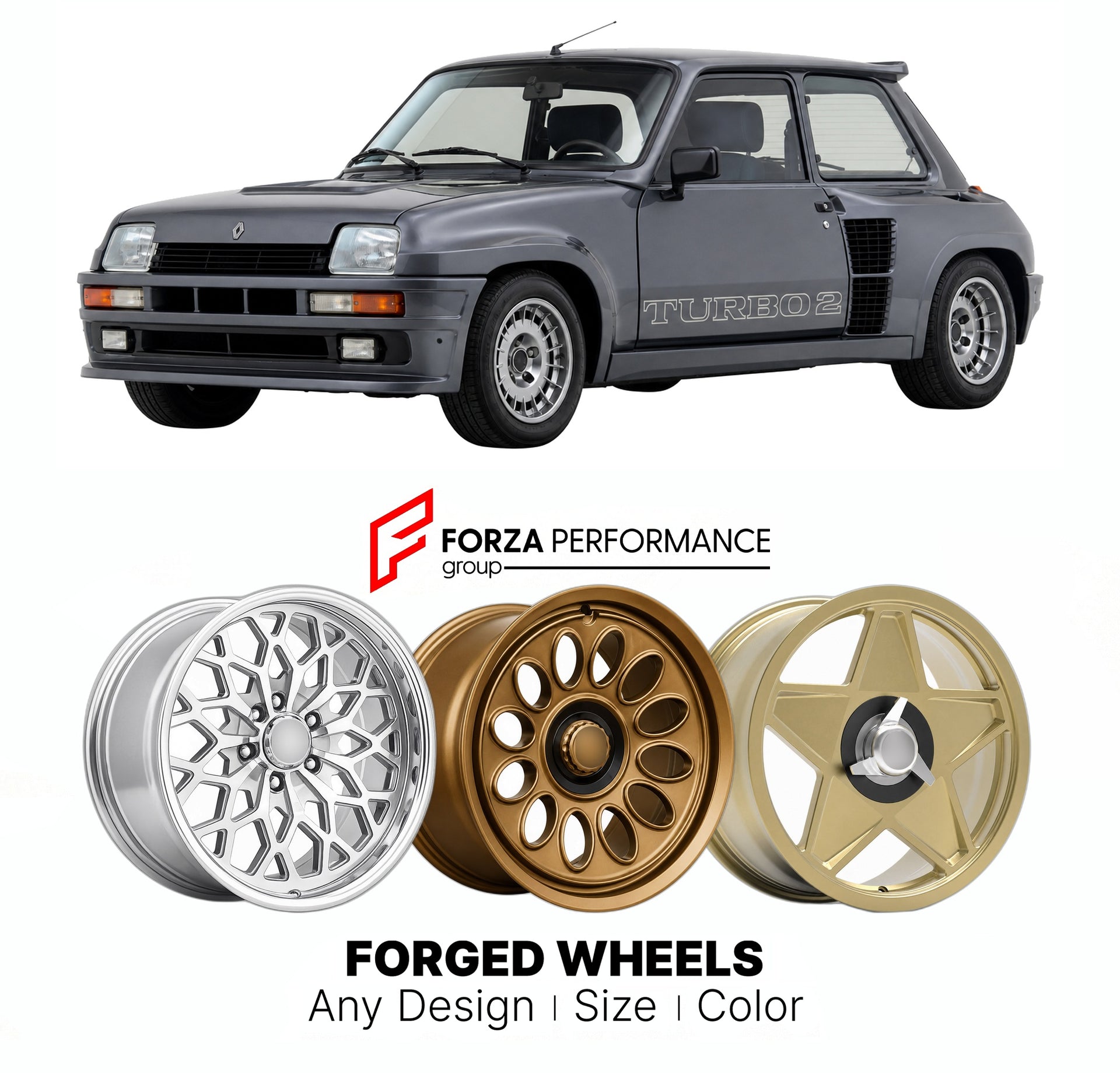 CUSTOM CLASSIC VINTAGE RESTOMOD RETRO OLD SCHOOL FORGED WHEELS RIMS for RENAULT 5 TURBO 2 1983 - 1986

Custom forged wheels for Renault 5 Turbo 2 1983 - 1986. Classic, vintage, restomod wheel designs made to order in custom sizes, offsets, colors and finishes.

We manufacture premium quality forged wheels rims for Renault 5 Turbo 2 1983 - 1986 in any design, size, color.

THIS WHEEL DESIGN CAN BE CUSTOM-MADE FOR YOUR CAR IN ANY SIZE AND COLOR OPTIONS
Available in monoblock, 2-piece, 3-piece, duoblock, beadl