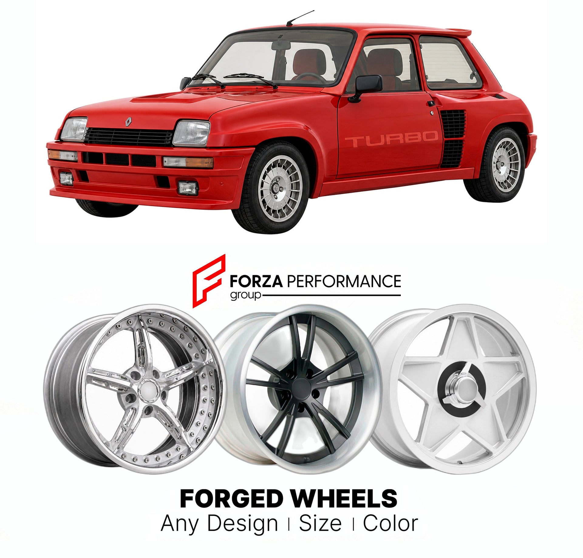 CUSTOM CLASSIC VINTAGE RESTOMOD RETRO OLD SCHOOL FORGED WHEELS RIMS for RENAULT 5 TURBO HOMOLOGATION 1980 - 1986

Custom forged wheels for Renault 5 Turbo Homologation 1980 - 1986. Classic, vintage, restomod wheel designs made to order in custom sizes, offsets, colors and finishes.

We manufacture premium quality forged wheels rims for Renault 5 Turbo Homologation 1980 - 1986 in any design, size, color.

THIS WHEEL DESIGN CAN BE CUSTOM-MADE FOR YOUR CAR IN ANY SIZE AND COLOR OPTIONS
Available in monoblock, 