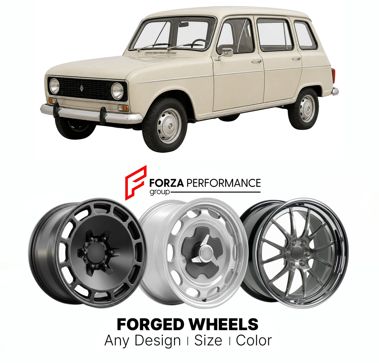 CUSTOM CLASSIC VINTAGE RESTOMOD RETRO OLD SCHOOL FORGED WHEELS RIMS for RENAULT 6 1968 - 1986

Custom forged wheels for Renault 6 1968 - 1986. Classic, vintage, restomod wheel designs made to order in custom sizes, offsets, colors and finishes.

We manufacture premium quality forged wheels rims for Renault 6 1968 - 1986 in any design, size, color.

THIS WHEEL DESIGN CAN BE CUSTOM-MADE FOR YOUR CAR IN ANY SIZE AND COLOR OPTIONS
Available in monoblock, 2-piece, 3-piece, duoblock, beadlock
3D wheel renderings 
