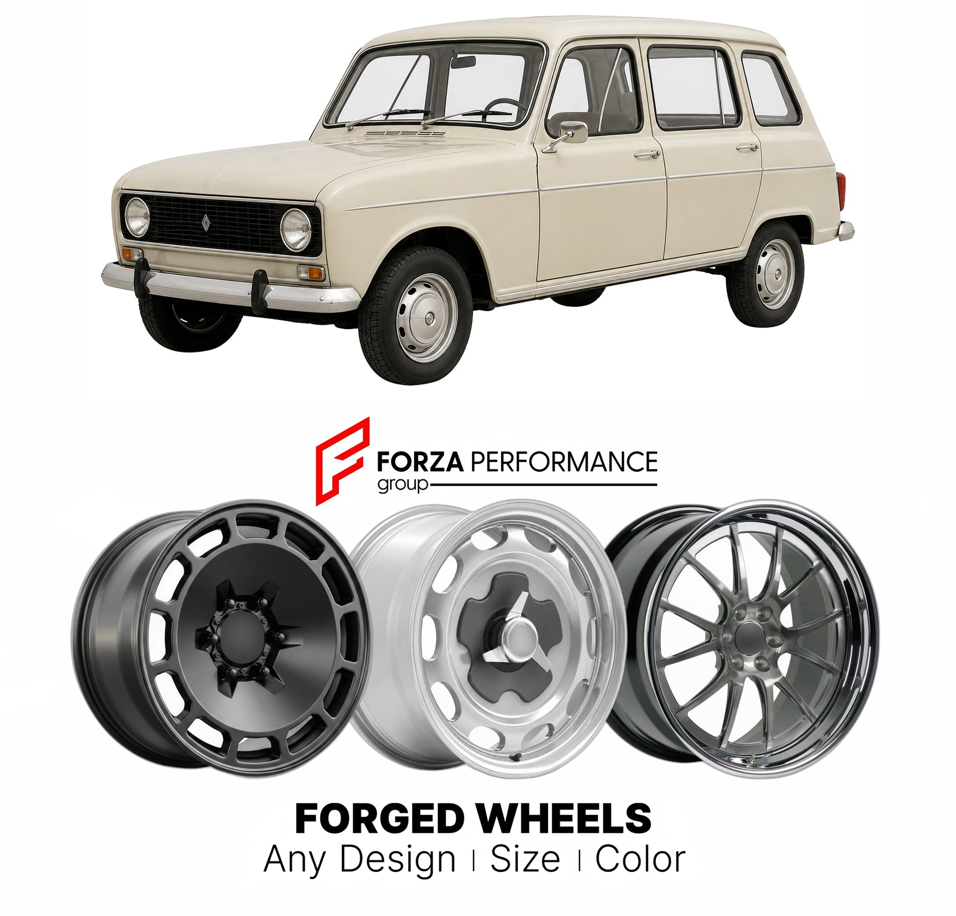 CUSTOM CLASSIC VINTAGE RESTOMOD RETRO OLD SCHOOL FORGED WHEELS RIMS for RENAULT 6 1968 - 1986

Custom forged wheels for Renault 6 1968 - 1986. Classic, vintage, restomod wheel designs made to order in custom sizes, offsets, colors and finishes.

We manufacture premium quality forged wheels rims for Renault 6 1968 - 1986 in any design, size, color.

THIS WHEEL DESIGN CAN BE CUSTOM-MADE FOR YOUR CAR IN ANY SIZE AND COLOR OPTIONS
Available in monoblock, 2-piece, 3-piece, duoblock, beadlock
3D wheel renderings 