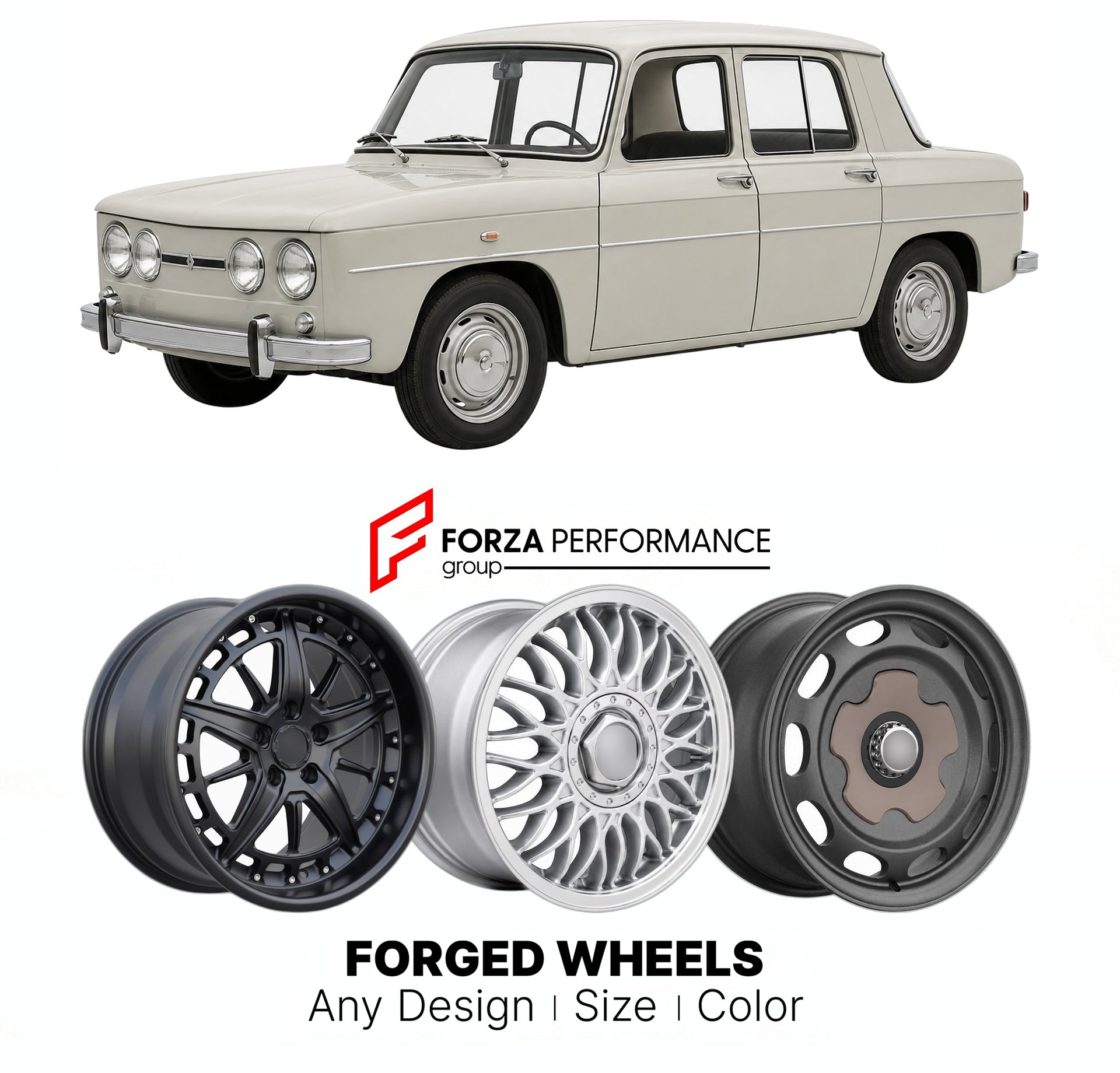 CUSTOM CLASSIC VINTAGE RESTOMOD RETRO OLD SCHOOL FORGED WHEELS RIMS for RENAULT 8 10 1962 - 1973

Custom forged wheels for Renault 8 10 1962 - 1973. Classic, vintage, restomod wheel designs made to order in custom sizes, offsets, colors and finishes.

We manufacture premium quality forged wheels rims for Renault 8 10 1962 - 1973 in any design, size, color.

THIS WHEEL DESIGN CAN BE CUSTOM-MADE FOR YOUR CAR IN ANY SIZE AND COLOR OPTIONS
Available in monoblock, 2-piece, 3-piece, duoblock, beadlock
3D wheel re