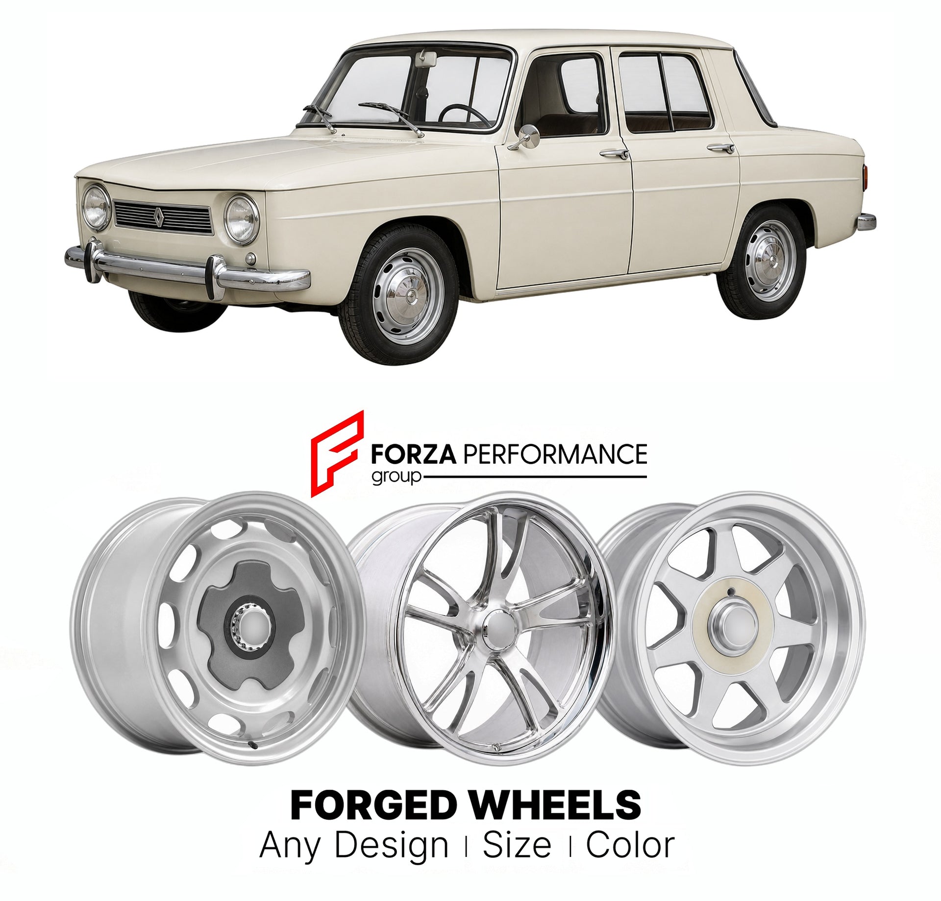 CUSTOM CLASSIC VINTAGE RESTOMOD RETRO OLD SCHOOL FORGED WHEELS RIMS for RENAULT 8 1962 - 1973

Custom forged wheels for Renault 8 1962 - 1973. Classic, vintage, restomod wheel designs made to order in custom sizes, offsets, colors and finishes.

We manufacture premium quality forged wheels rims for Renault 8 1962 - 1973 in any design, size, color.

THIS WHEEL DESIGN CAN BE CUSTOM-MADE FOR YOUR CAR IN ANY SIZE AND COLOR OPTIONS
Available in monoblock, 2-piece, 3-piece, duoblock, beadlock
3D wheel renderings 