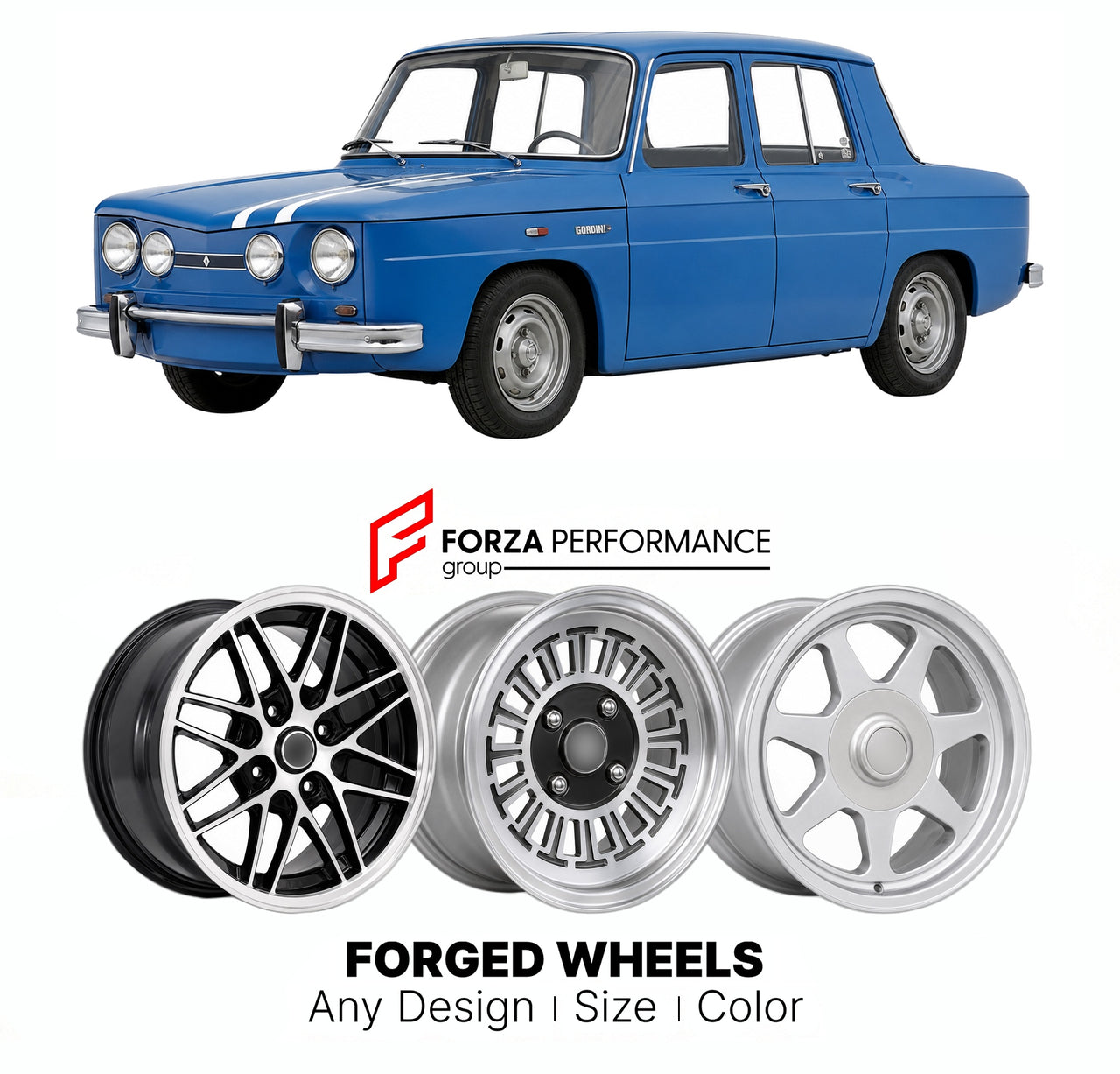 CUSTOM CLASSIC VINTAGE RESTOMOD RETRO OLD SCHOOL FORGED WHEELS RIMS for RENAULT 8 GORDINI 1964 - 1970

Custom forged wheels for Renault 8 Gordini 1964 - 1970. Classic, vintage, restomod wheel designs made to order in custom sizes, offsets, colors and finishes.

We manufacture premium quality forged wheels rims for Renault 8 Gordini 1964 - 1970 in any design, size, color.

THIS WHEEL DESIGN CAN BE CUSTOM-MADE FOR YOUR CAR IN ANY SIZE AND COLOR OPTIONS
Available in monoblock, 2-piece, 3-piece, duoblock, beadl